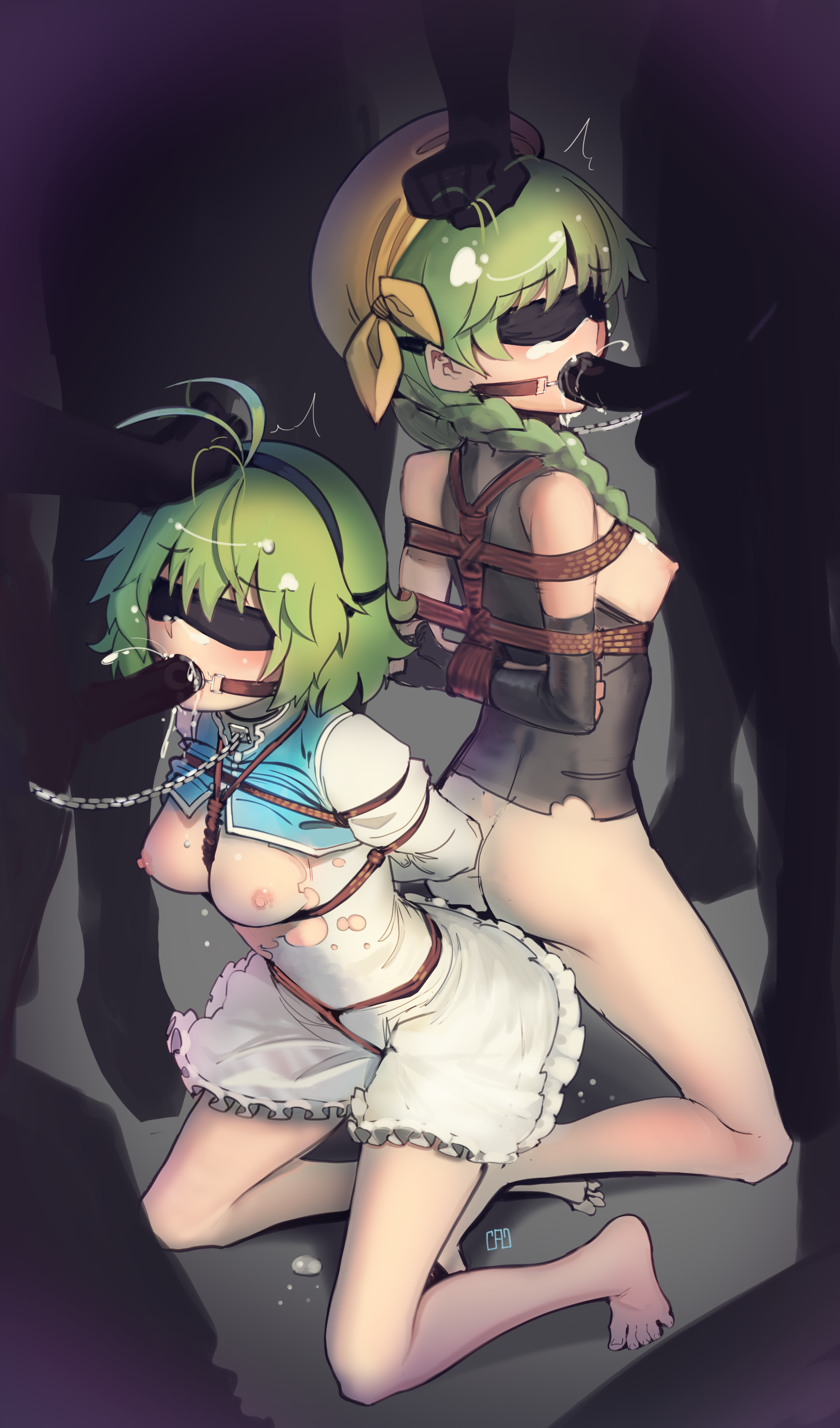 2girls, acadanon, arms behind back, ass, bandana, bandit, barefoot, blindfold, blue eyes, blush, bondage, bottomless, braid, braided ponytail, breasts, breasts out, chain leash, chains, collar, cum, cum in mouth, cum on face, cum on hair, dress, exposed breasts, fellatio, female, femsub, fire emblem, fire emblem: the blazing blade, gag, grabbing hair, green hair, kaddo, leash, male, multiple females, multiple girls, multiple subs, nino (fire emblem), nintendo, nipples, open mouth, open mouth gag, oral, oral sex, penis, ponytail, rape, rebecca (fire emblem), restrained, ripped clothing, rope, rope bondage, small breasts, torn clothes