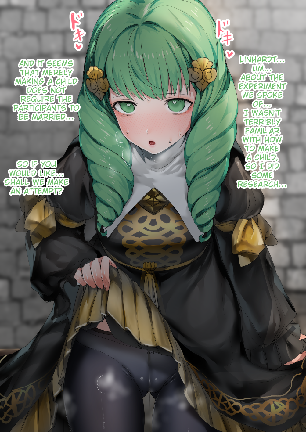 bangs black_dress black_legwear blush bow bow_panties cameltoe commentary_request cowboy_shot dress dress_lift drill_hair echigoya_takeru female fire_emblem fire_emblem:_three_houses flayn_(fire_emblem) green_eyes green_hair hair_ornament hard_translated heart heart-shaped_pupils highres lifted_by_self linhardt_von_hevring long_sleeves nabatean_(fire_emblem) nintendo open_mouth panties pantyhose solo symbol-shaped_pupils take_ri_take2 thigh_gap third-party_edit translated underwear white_panties