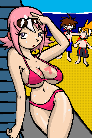 77 2004 2boys axl_(mega_man) beach bikini bikini_bottom bikini_top breast_tattoo breasts mega_man mega_man_x nana_(mega_man) nosebleed pink_hair purple_eyes sand sky sunglasses sunglasses_on_head sweat swimwear tattoo thighs timestones x_(mega_man)