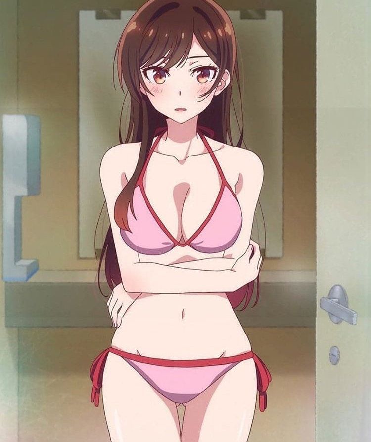 1girls, asymmetrical bangs, asymmetrical hair, bangs, bikini, blush, blushing, blushing at viewer, bra, brown eyes, brown hair, crossed arms, female, female focus, female only, indoors, kanojo okarishimasu, lips, lipstick, long hair, looking at viewer, mizuhara chizuru, navel, open mouth, panties, solo, solo female, solo focus, standing, tagme, underwear, vx.