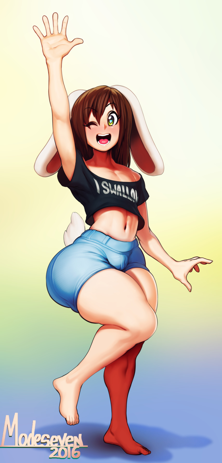 1boy, 2016, ass, barefoot, blush, bulge, bunny ears, crop top, femboy, girly, green eyes, heart-shaped pupils, lagomorph humanoid, large ass, male, male only, midriff, modeseven, navel, open mouth, shorts, signature, tail, thick thighs, waving hand, wink
