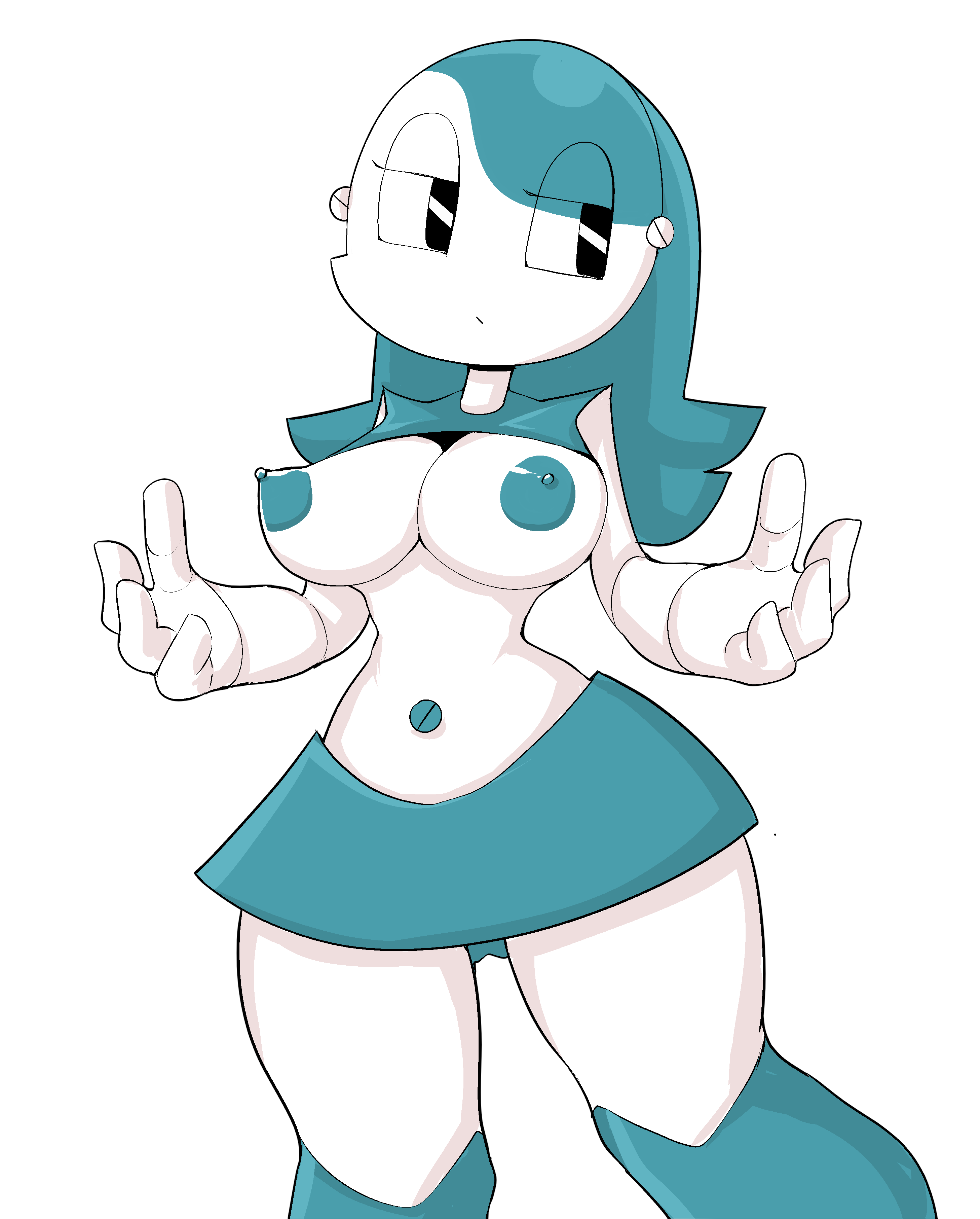 1girls, absurd res, alternate hairstyle, belly, belly button, breasts, breasts out, erect nipples, female, female only, front view, fufucatu, jenny wakeman, large breasts, looking away, my life as a teenage robot, nickelodeon, nipples, robot, robot girl, simple background, skirt, smooth skin, solo, solo female, standing, teal hair, white skin, xj-9
