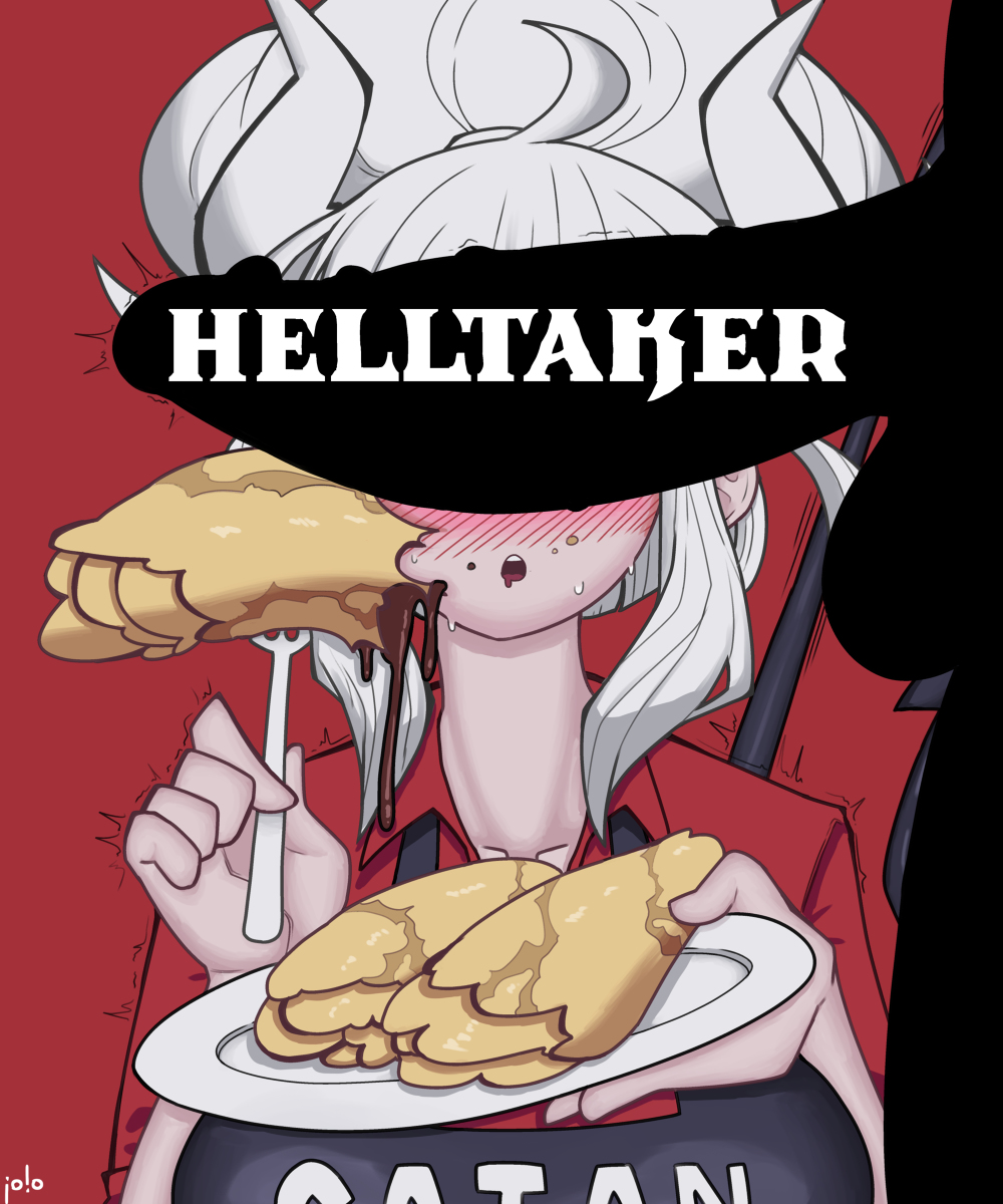 1boy 1girls apron big_breasts big_penis blush collar_bone demon demon_girl eating female food_on_body fork helltaker horn lucifer_(helltaker) pancake penis_in_face plate pokko_(artist) red_eyes satan sweat tail title title_drop white_hair