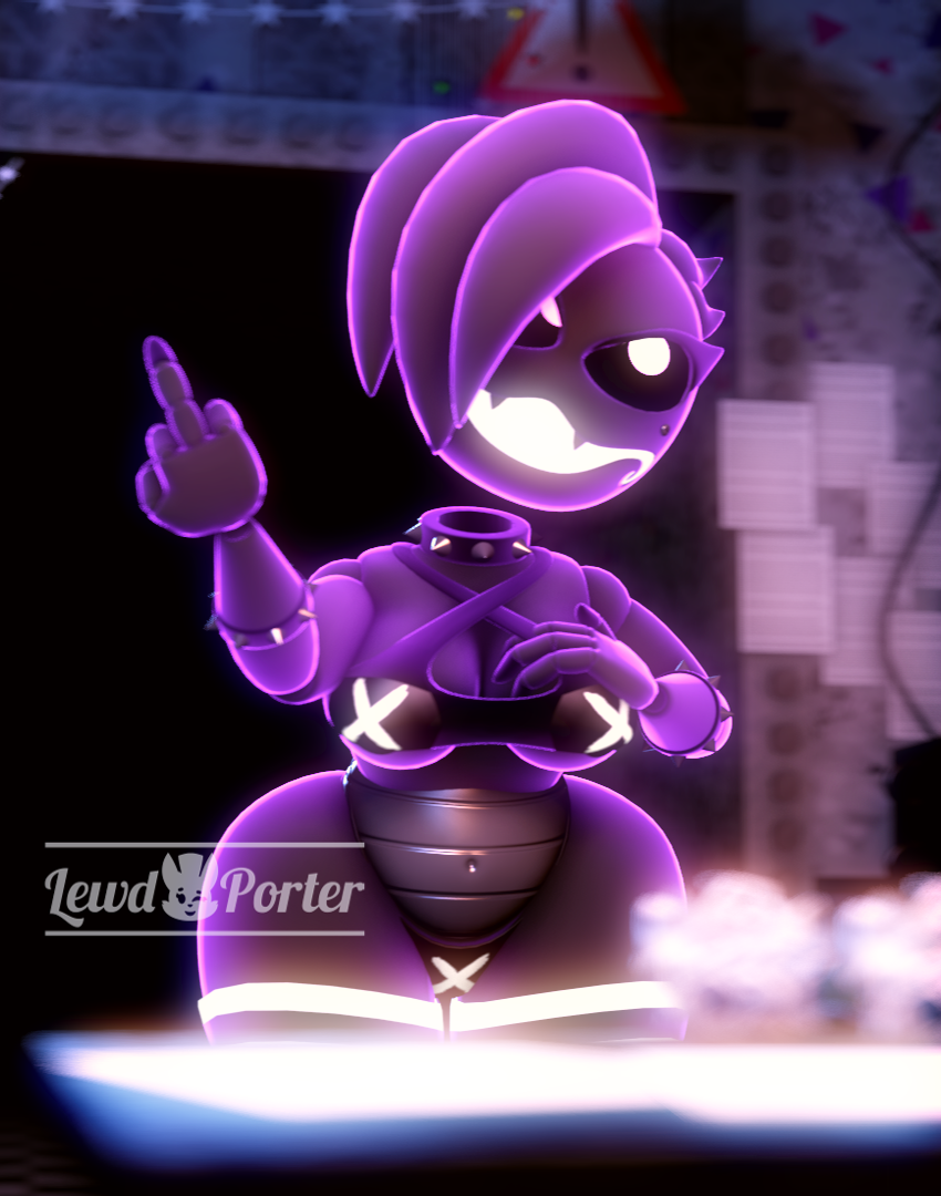 anthro belly big_thighs bikini choker fangs five_nights_at_freddy's lewdporter middle_finger panties purple_skin shadow shadow_toy_chica thick_thighs thigh_highs thighs