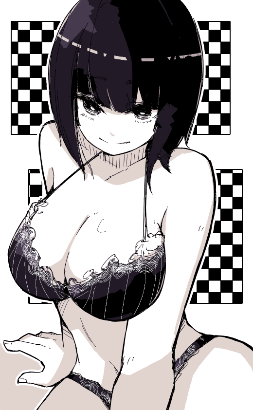 arm support, black and white, black eyes, black hair, bra, breasts, checkered, checkered background, female, lamb-oic029, large breasts, lingerie, looking at viewer, smile, white background, white skin