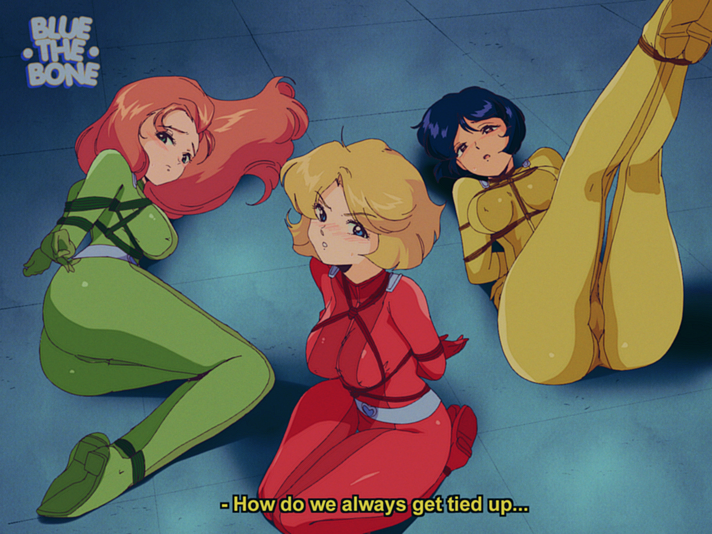 3 bodysuits, 3girls, alex (totally spies), arms behind back, artist logo, ass, belt, black hair, blonde hair, blue eyes, bluethebone, bodysuit, bondage, breasts, brown eyes, clothing, clover (totally spies), dark skin, female, female only, femsub, green eyes, group, handwear, human, multiple females, multiple girls, multiple subs, pale skin, pokies, red hair, restrained, retro artstyle, rope, sam (totally spies), skin tight, text, totally spies, trio
