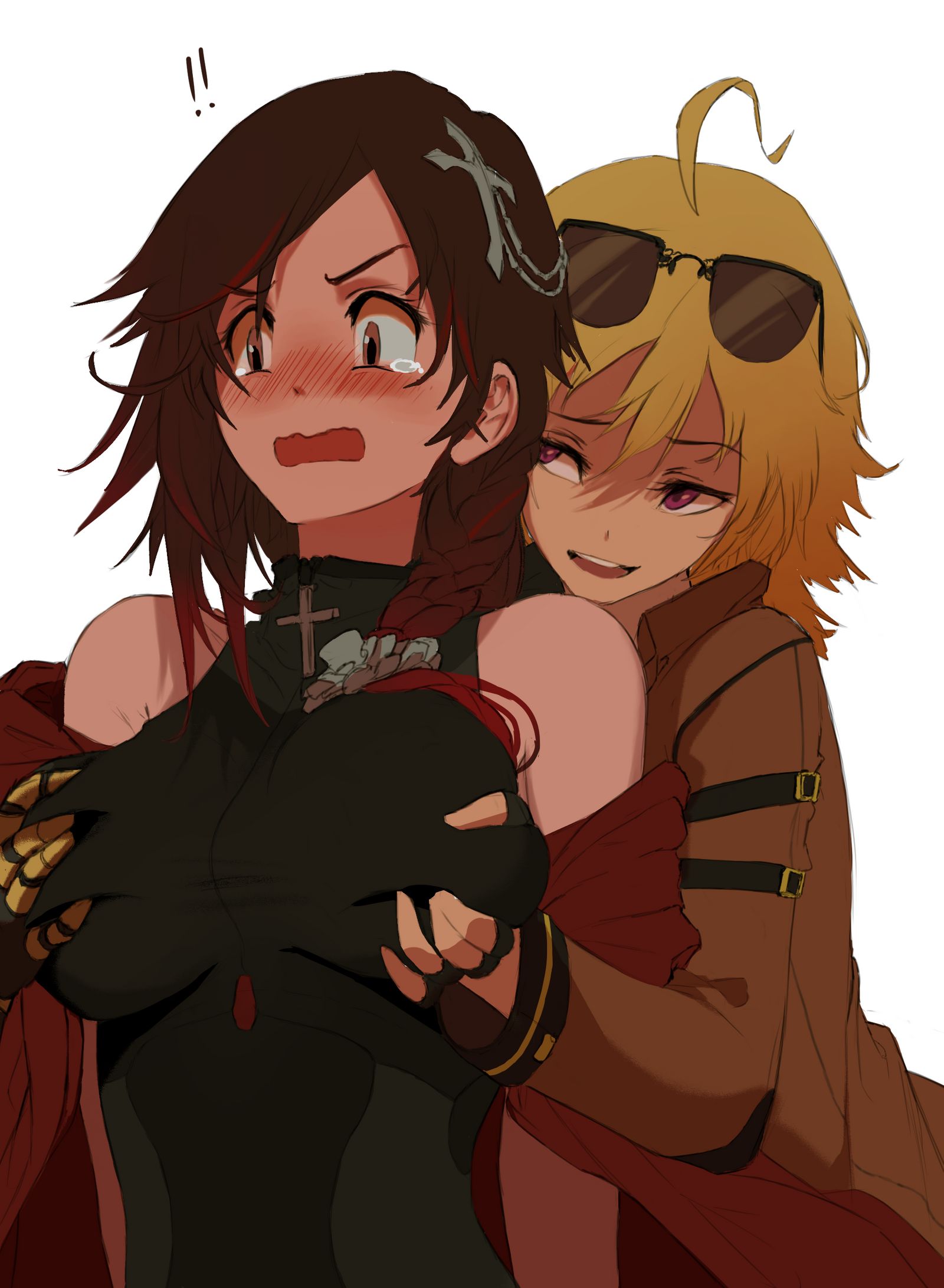 !!, 2girls, aviator sunglasses, blonde hair, blush, breast grab, breasts, dishwasher1910, embarrassed, eyewear on head, female, female only, from behind, groping, half-sisters, huge breasts, mechanical arm, multiple females, multiple girls, ruby rose, rwby, sisters, sunglasses on head, yang xiao long, yuri
