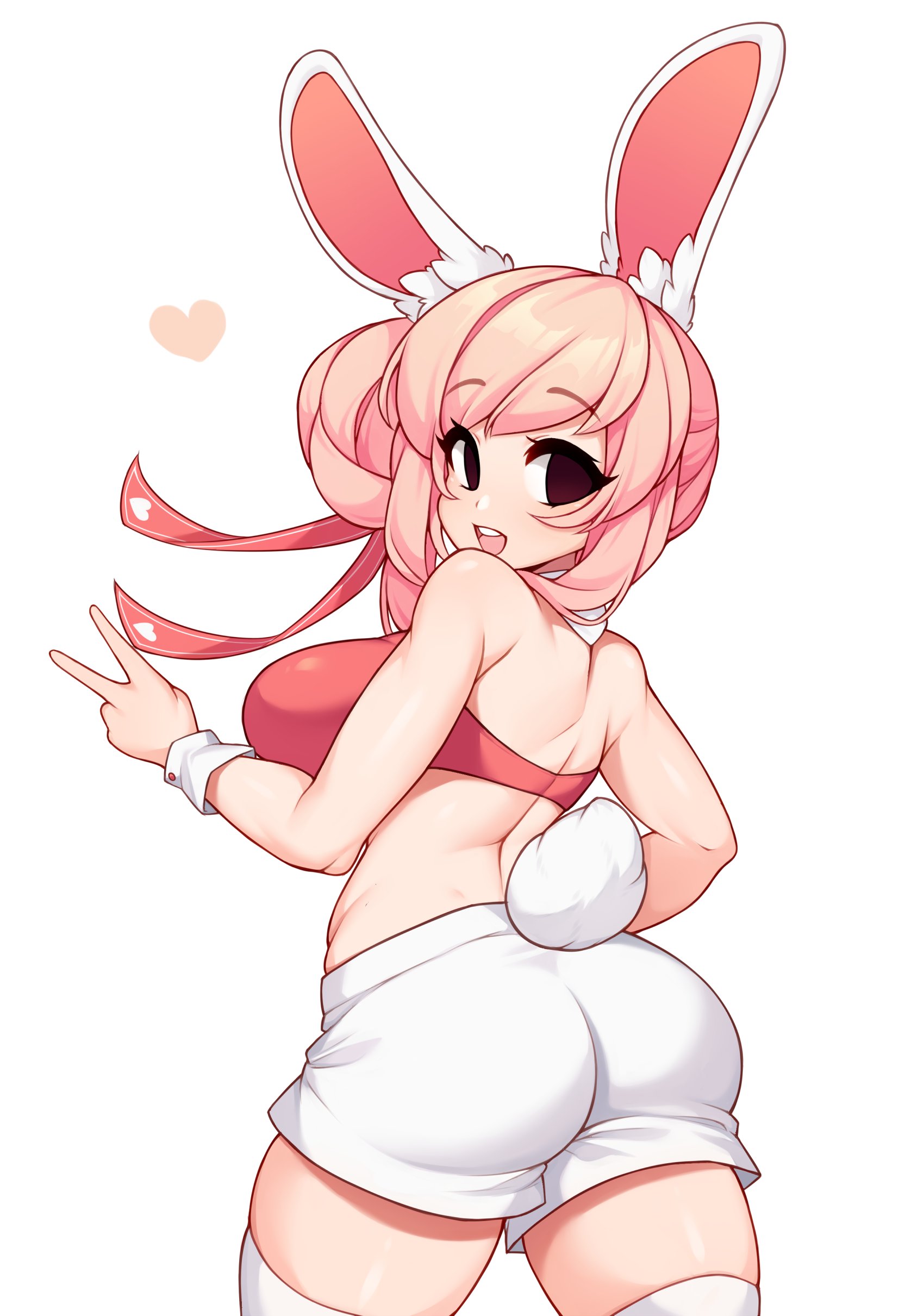 1girls, 2020, absurd res, animal ears, ass, back, bare shoulders, big ass, black eyes, borrowed character, breasts, bunny ears, bunny girl, bunny tail, crop top, eyebrows visible through hair, female, female only, fiz, hair bun, heart, highres, large breasts, looking at viewer, looking back, neckerchief, omaoti, open mouth, original, pink hair, shorts, side bun, simple background, solo, tail, teeth, thick thighs, thighhighs, thighs, tied hair, tongue, v, white background, wrist cuffs, zettai ryouiki