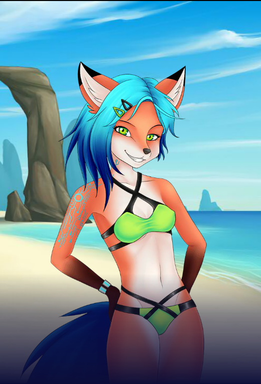 anthro beach bikini blue_hair fox fox_ears fur furry green_bikini green_panties siaren_(space_paws) smile space_paws