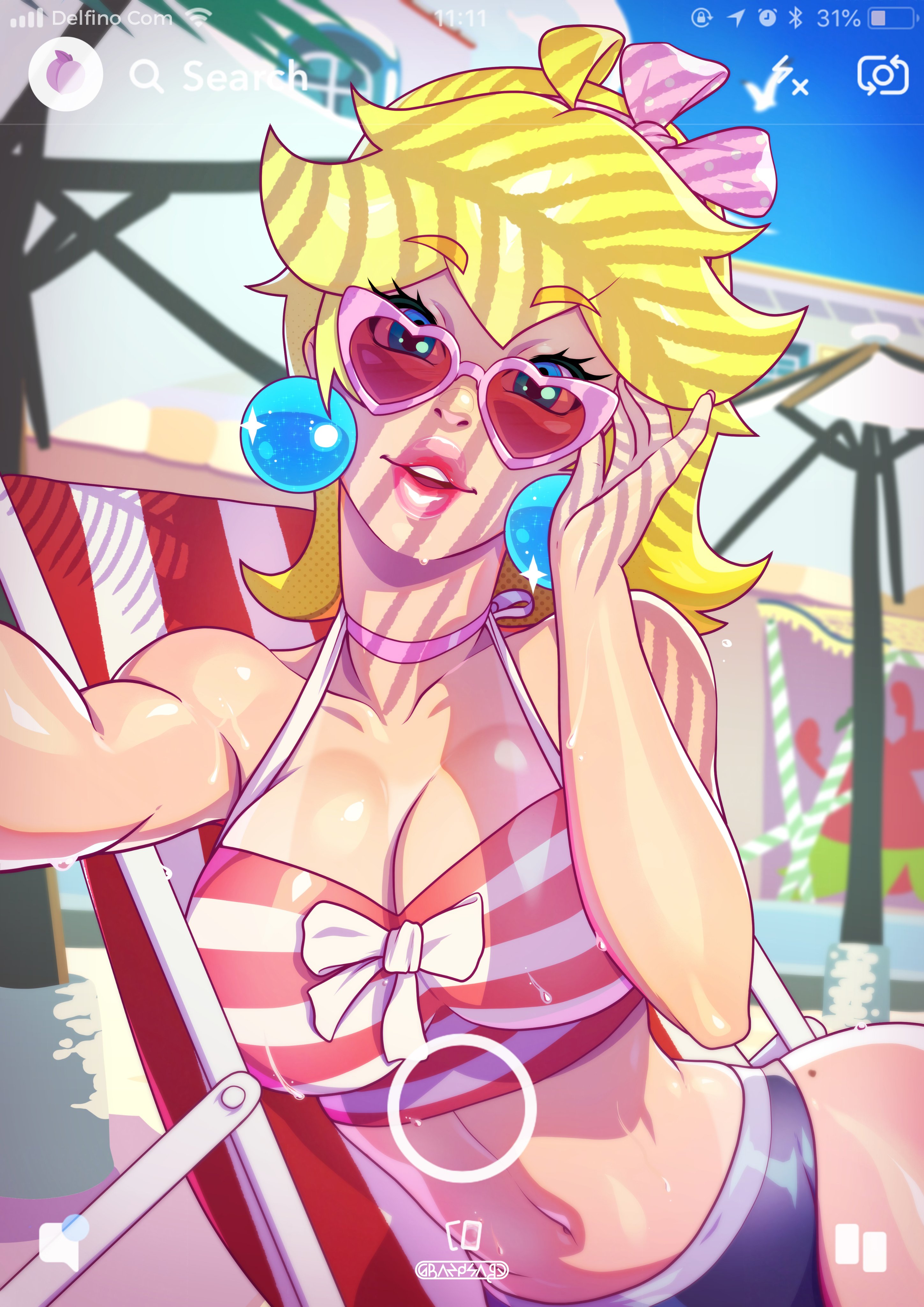 absurdres, big breasts, blonde hair, breasts, cleavage, earrings, female, female only, grand-sage, heart shaped sunglasses, highres, large breasts, looking at viewer, mario (series), nintendo, princess peach, selfie, solo, sunglasses, super mario bros., super mario sunshine