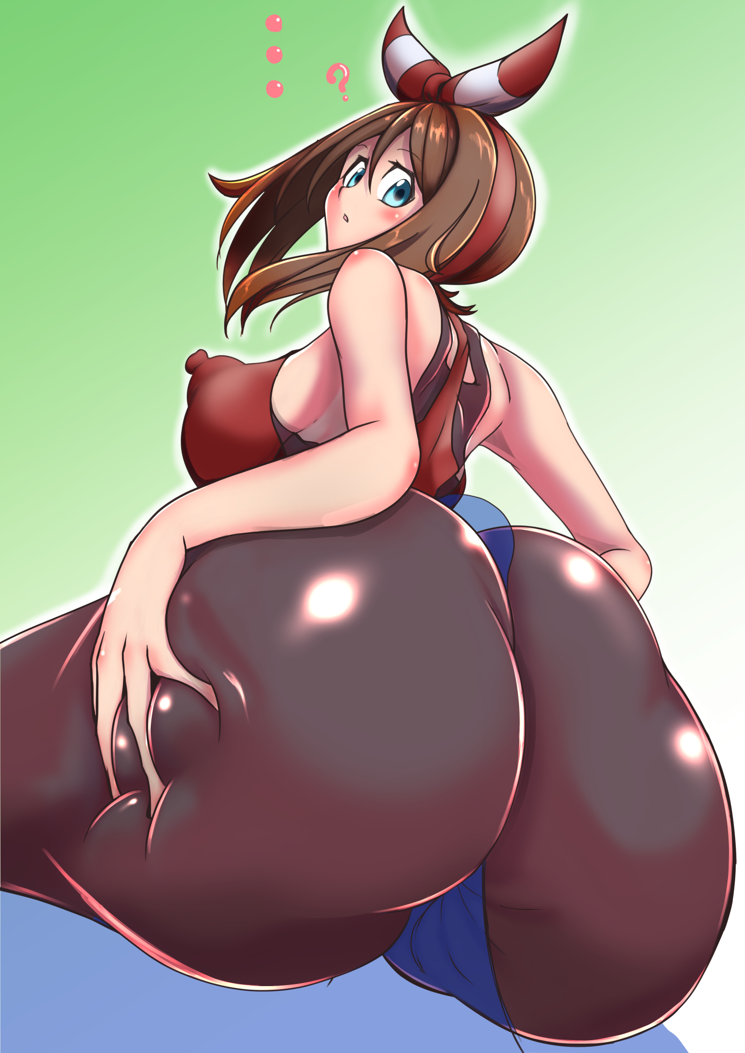 ?, ..., 1boy, 1girls, ai shigeo, ass, assjob, big ass, big breasts, big penis, black leggings, blue eyes, blush, bottom heavy, breasts, brown hair, buttjob, buttjob over clothes, clothed, clothed female, clothed female nude male, clothed sex, covered assjob, covered buttjob, erect nipples, erect nipples under clothes, female, hairband, hot dogging, huge ass, huge thighs, large ass, large breasts, large penis, leggings, light skin, light-skinned female, looking down, male, may (pokemon oras), may (pokemon), medium hair, nintendo, nipples, nude, nude male, pale skin, pale-skinned female, penis, pokemon, pokemon oras, reverse cowgirl position, ribbon, thick ass, thick thighs, thighs, tight clothing, transparent male, transparent penis, unaware buttjob, voluptuous