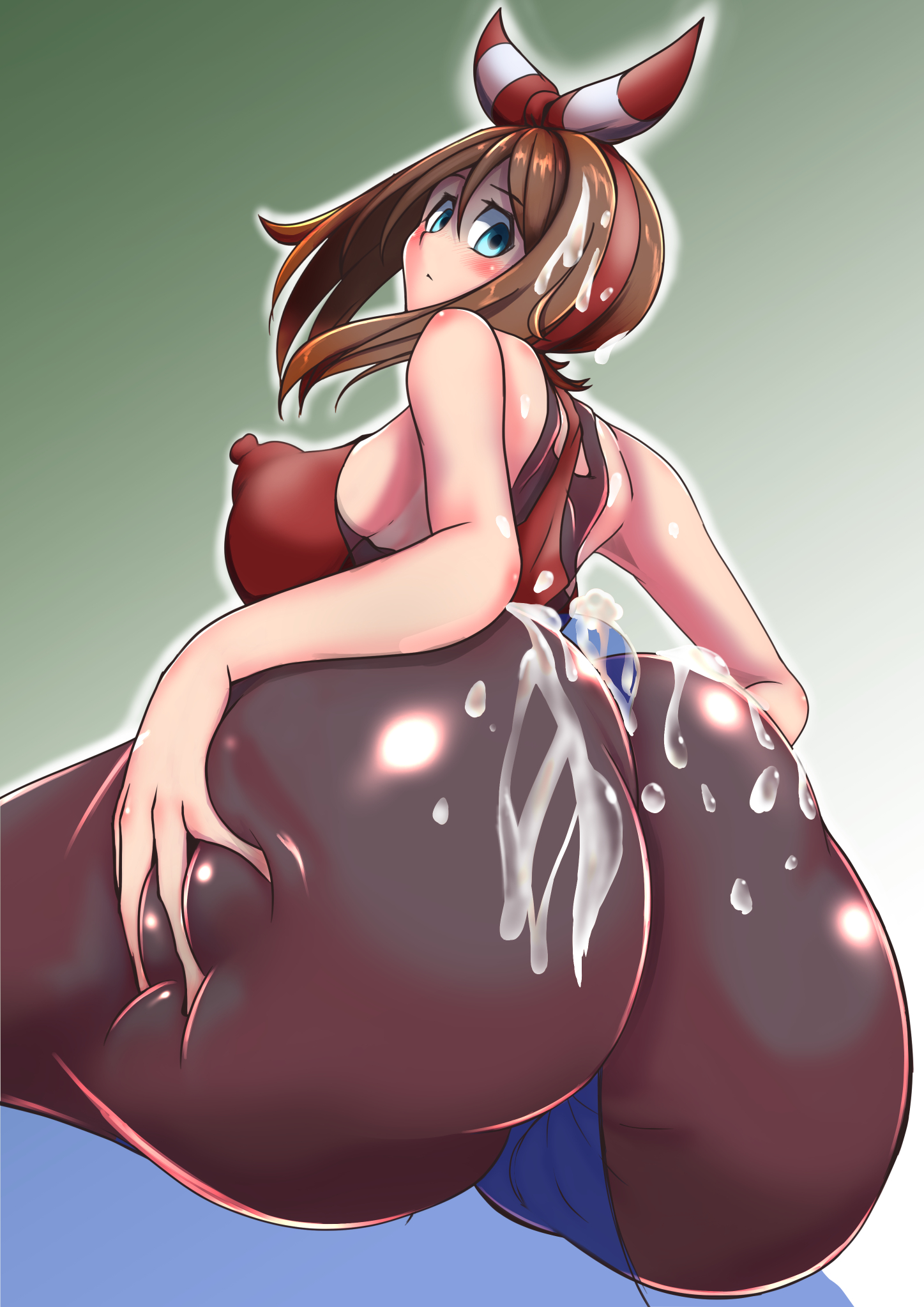 1boy, 1girls, after buttjob, ai shigeo, alternate version available, ass, assjob, big ass, big breasts, big penis, black leggings, blue eyes, bottom heavy, breasts, brown hair, buttjob, buttjob over clothes, clothed, clothed female, clothed female nude male, clothed sex, covered assjob, covered buttjob, cum, cum on ass, cum on clothes, cum on hair, erect nipples, erect nipples under clothes, female, hairband, hot dogging, huge ass, huge thighs, large ass, large breasts, large penis, leggings, light skin, light-skinned female, looking down, male, may (pokemon oras), may (pokemon), medium hair, nintendo, nipples, nude, nude male, pale skin, pale-skinned female, penis, pokemon, pokemon oras, reverse cowgirl position, ribbon, thick ass, thick thighs, thighs, tight clothing, transparent male, transparent penis, voluptuous