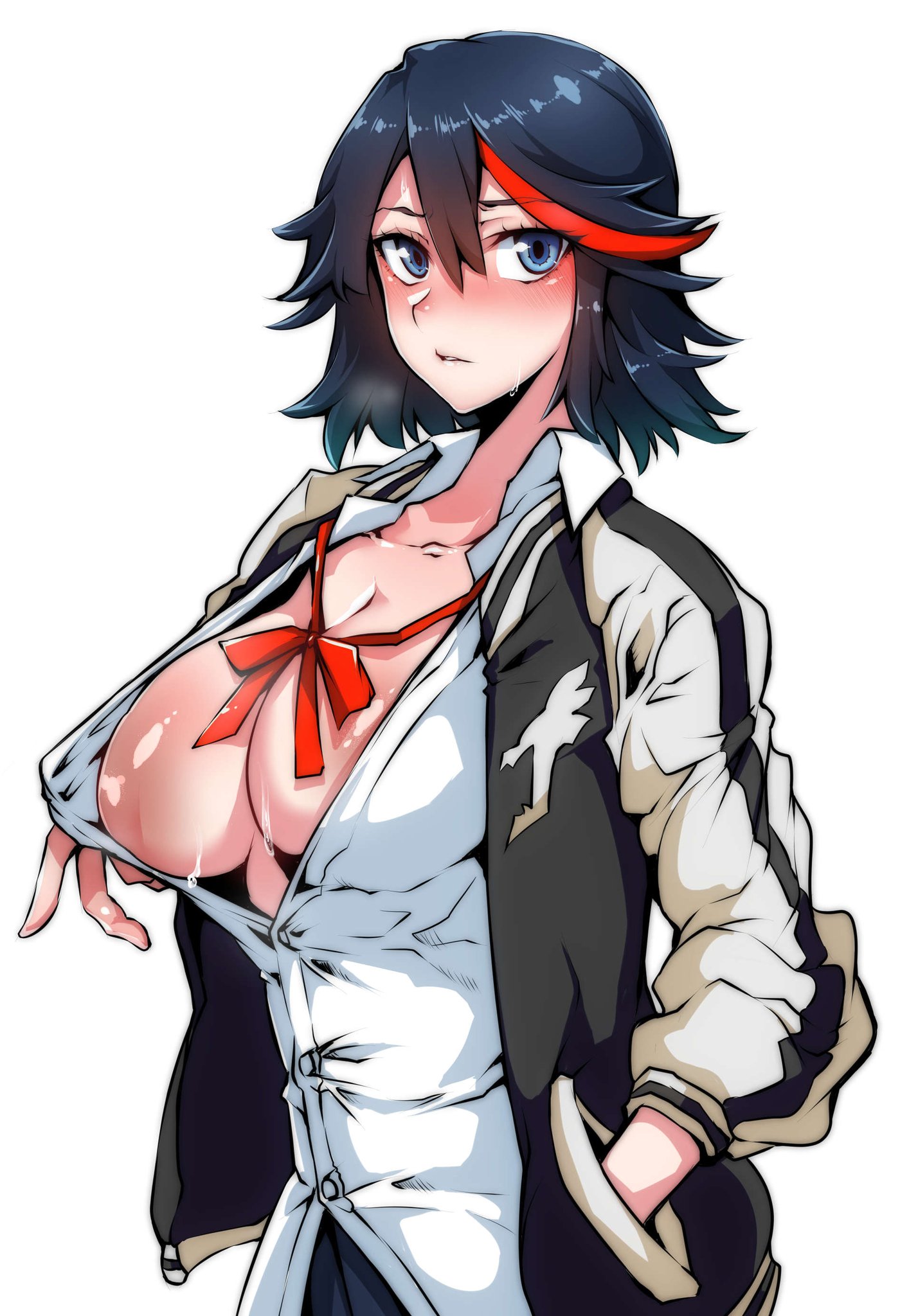 1girls, blush, breasts, exposed breasts, exposed nipples, female, female only, female protagonist, flashing, gggg, hand in pocket, kill la kill, large areolae, matoi ryuuko, school uniform, solo