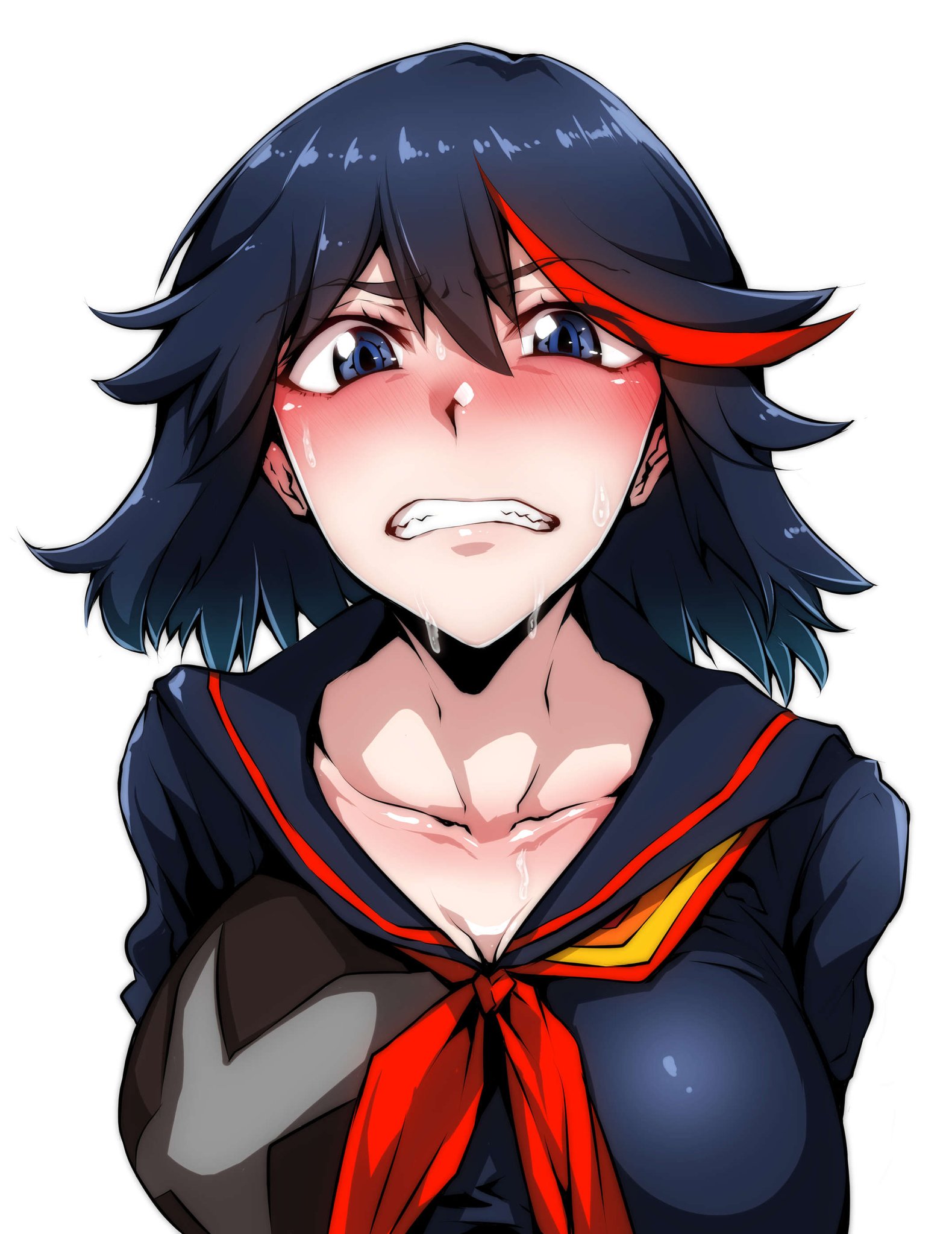 1girls, black hair, blue eyes, blush, bust portrait, collarbone, female, gggg, kill la kill, large penis, looking at viewer, male, matoi ryuuko, nervous, penis, school uniform, senketsu, shiny skin, solo female, sweat, white background, white skin
