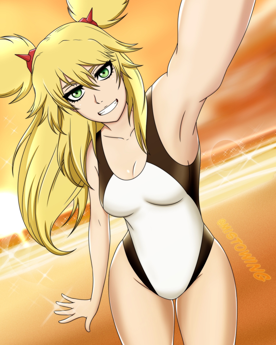 1girls, armpit, bleach, blonde hair, breasts, burn the witch, camera view, collarbone, female, female only, green eyes, medium breasts, mistowing, ninny spangcole, one-piece swimsuit, open mouth, smile, solo, swimsuit, thighs