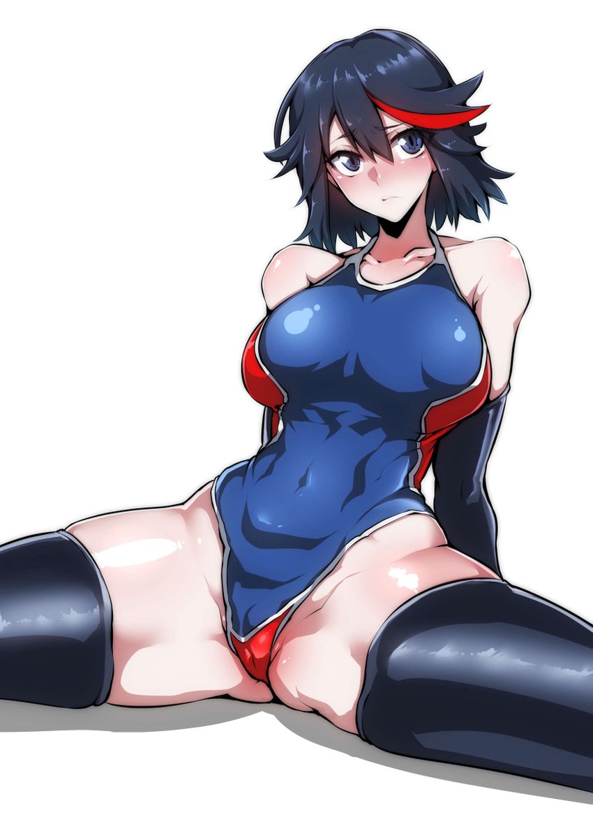 1girls, black hair, breasts, cameltoe, female, gggg, kill la kill, large breasts, legwear, leotard, looking at viewer, matoi ryuuko, multicolored hair, pussy, short hair, sitting, solo, spread legs, swimsuit, thick thighs, thighhighs