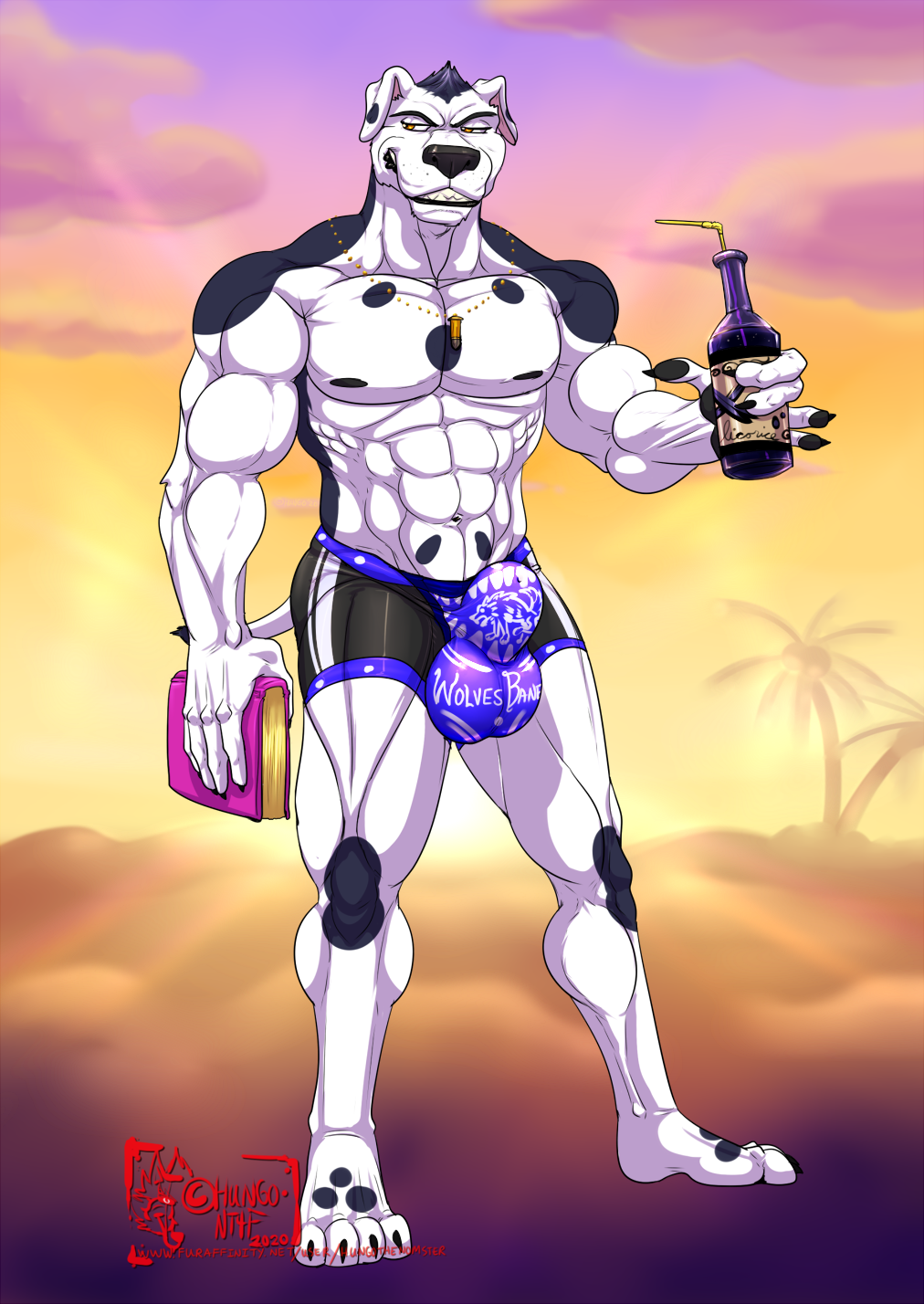 2020 5_fingers abs anthro balls biceps big_bulge biped black_body black_hair black_skin bottle bulge canid canine canis clothing dalmatian domestic_dog fingers genitals hair hands_behind_head hi_res holding_bottle holding_object hungothenomster kirk_(hungothenomster) male male_only mammal multicolored_body multicolored_skin muscular muscular_anthro muscular_male muscular_thighs orange_eyes pecs penis pose solo spots tight_underwear two_tone_body two_tone_skin uncut underwear white_body white_skin