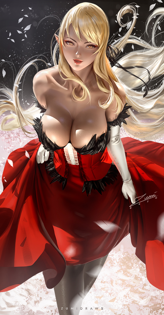1girls, big breasts, breasts, cleavage, female, female only, kiss-shot acerola-orion heart-under-blade, large breasts, looking at viewer, monogatari (series), oshino shinobu, pinup, solo, zumi