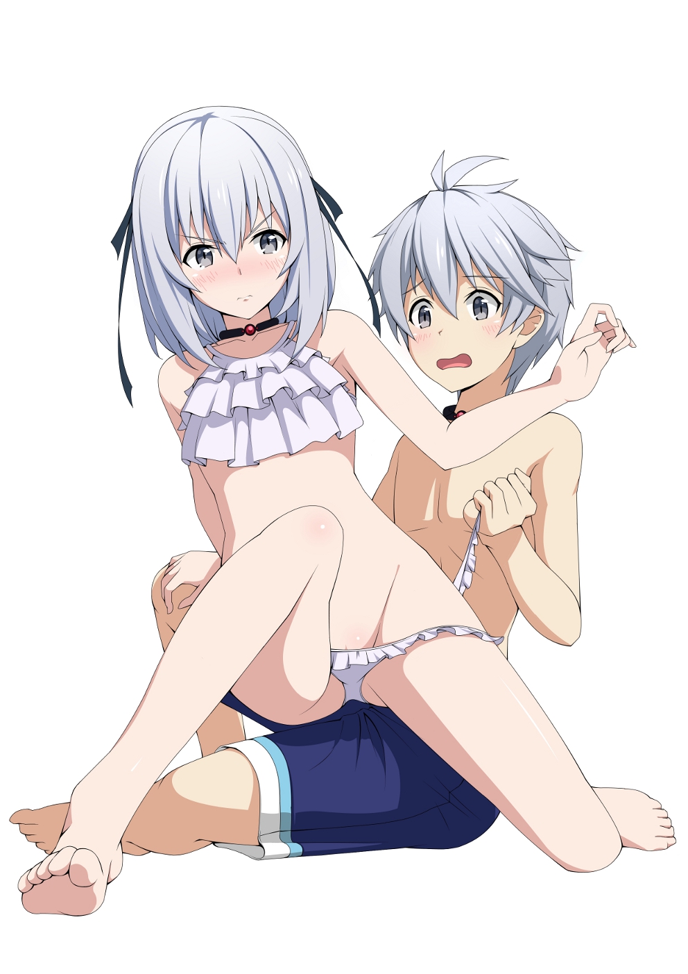 1boy 1girls :| airi_arcadia barefoot bikini black_ribbon blush brother_and_sister clavicle closed_mouth collar embarrassed feet female full_body grey_eyes grey_hair groin hair_ornament hair_ribbon high_resolution long_hair looking_at_another lux_arcadia male open_mouth pettanko ribbon sa_no_hi_ra_mugi saijaku_muhai_no_bahamut sanohiramugi short_hair siblings silver_eyes silver_hair simple_background sitting sitting_on_lap sitting_on_person swimsuit tears toes undefeated_bahamut_chronicle untied untied_bikini v-shaped_eyebrows white_background white_bikini white_swimsuit