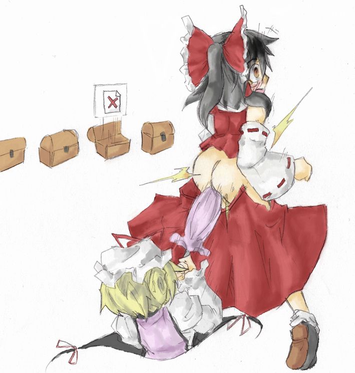 anal ass bow box crossover detached_sleeves enf female gap guilty_gear human hyton_(pixiv68383) kancho multiple_girls ouch parody red_x reimu_hakurei sketch skirt touhou umbrella yukari_yakumo