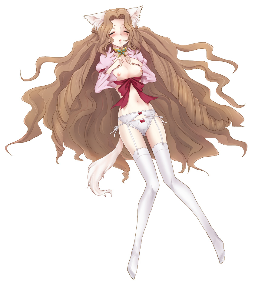 brown_hair closed_eyes code_geass fox_ear garter_belt long_hair lying midriff navel nunnally_lamperouge panties ra_(pixiv59106) side-tie_panties tail thighhighs underwear