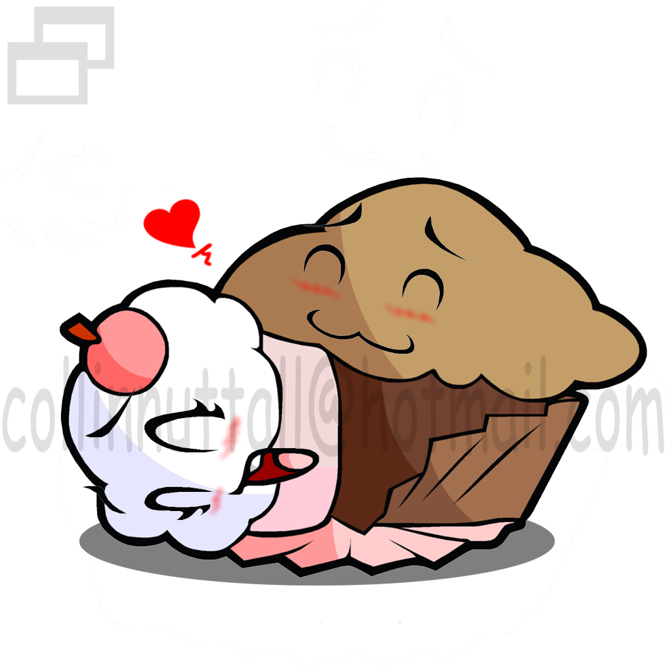 annoying_watermark blush cel_shading closed_eyes cupcake duo female food food_porn heart inanimate lying male muffin nude on_side open_mouth sex straight toony watermark what white_background