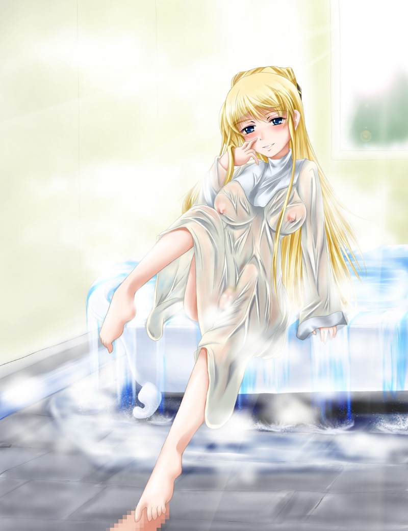 bathtub blonde_hair blue_eyes breasts censored laura_stuart long_hair nipples robe to_aru_majutsu_no_index very_long_hair water wet_clothes