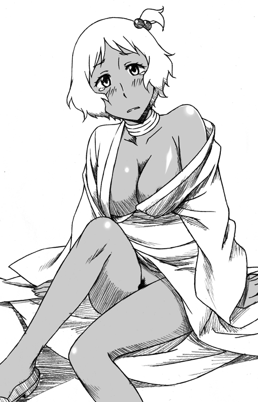 1girls areola blush breasts collar dark_skin female hyakko japanese_clothes kimono large_breasts minato_ooba monochrome no_panties ooba_minato pubic_hair sandals sawa_jaaji short_hair side_ponytail solo tear