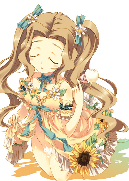 closed_eyes code_geass flower food ice_cream long_hair no_panties nunnally_lamperouge onodera pointy_chin sunflower tied_hair twintails