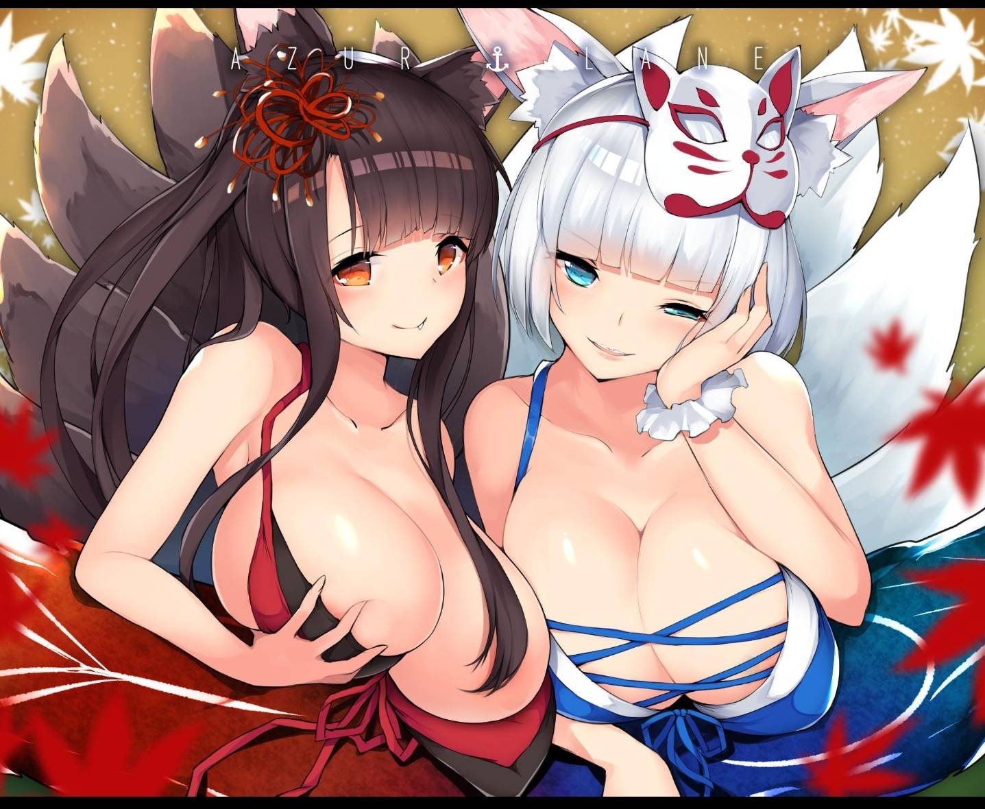 2girls breast_grab cisyo cleavage female female_only fox_ears fox_tail huge_breasts kitsune multiple_girls self_fondle