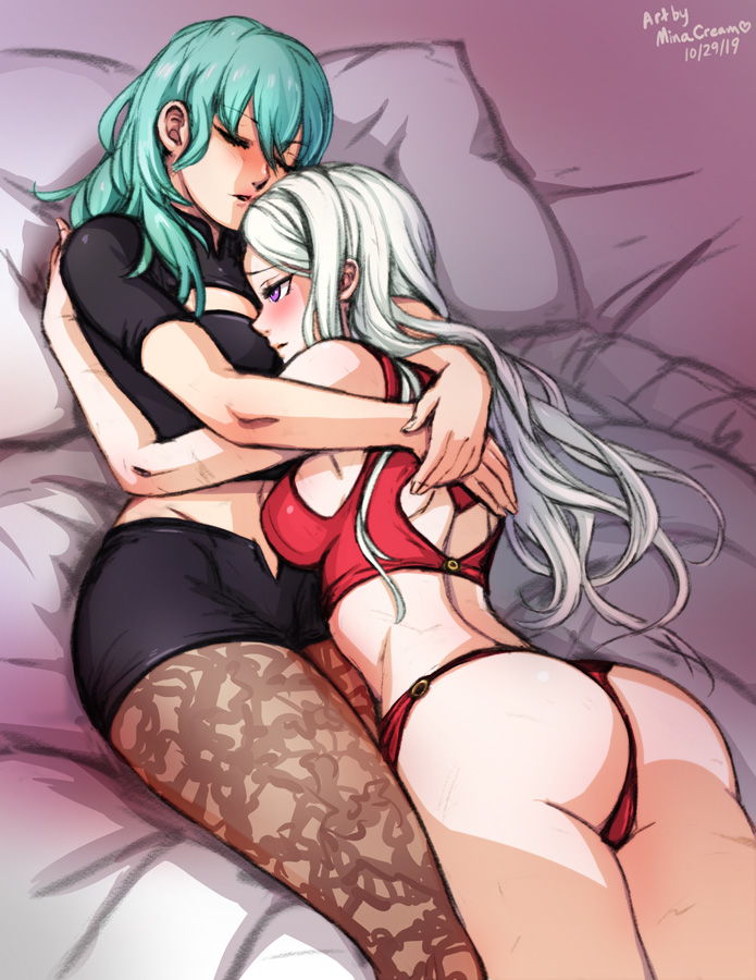 2girls, ass, big ass, big breasts, blush, bra, breasts, byleth (fire emblem), byleth (fire emblem) (female), cleavage, cuddling, edelgard von hresvelg, female, female only, fire emblem, fire emblem: three houses, green hair, large breasts, minacream, multiple females, multiple girls, nintendo, panties, red panties, thighs, thong, wholesome, yuri