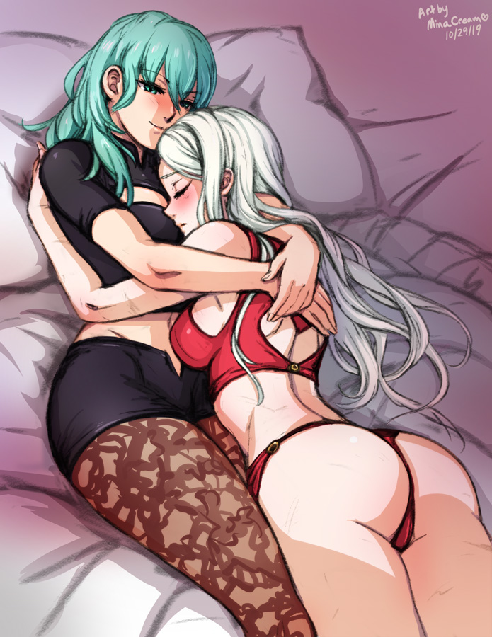 2girls, ass, big ass, big breasts, blush, bra, breasts, byleth (fire emblem), byleth (fire emblem) (female), cleavage, cuddling, edelgard von hresvelg, female, female only, fire emblem, fire emblem: three houses, green hair, large breasts, leggings, minacream, multiple females, multiple girls, nintendo, panties, red panties, shorts, thighs, thong, wholesome, yuri