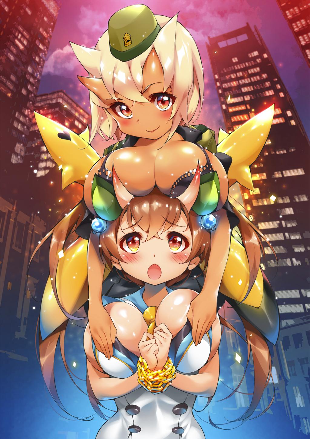 2girls cleavage female female_only horns huge_breasts multiple_girls sugihara_(sugihara2000)