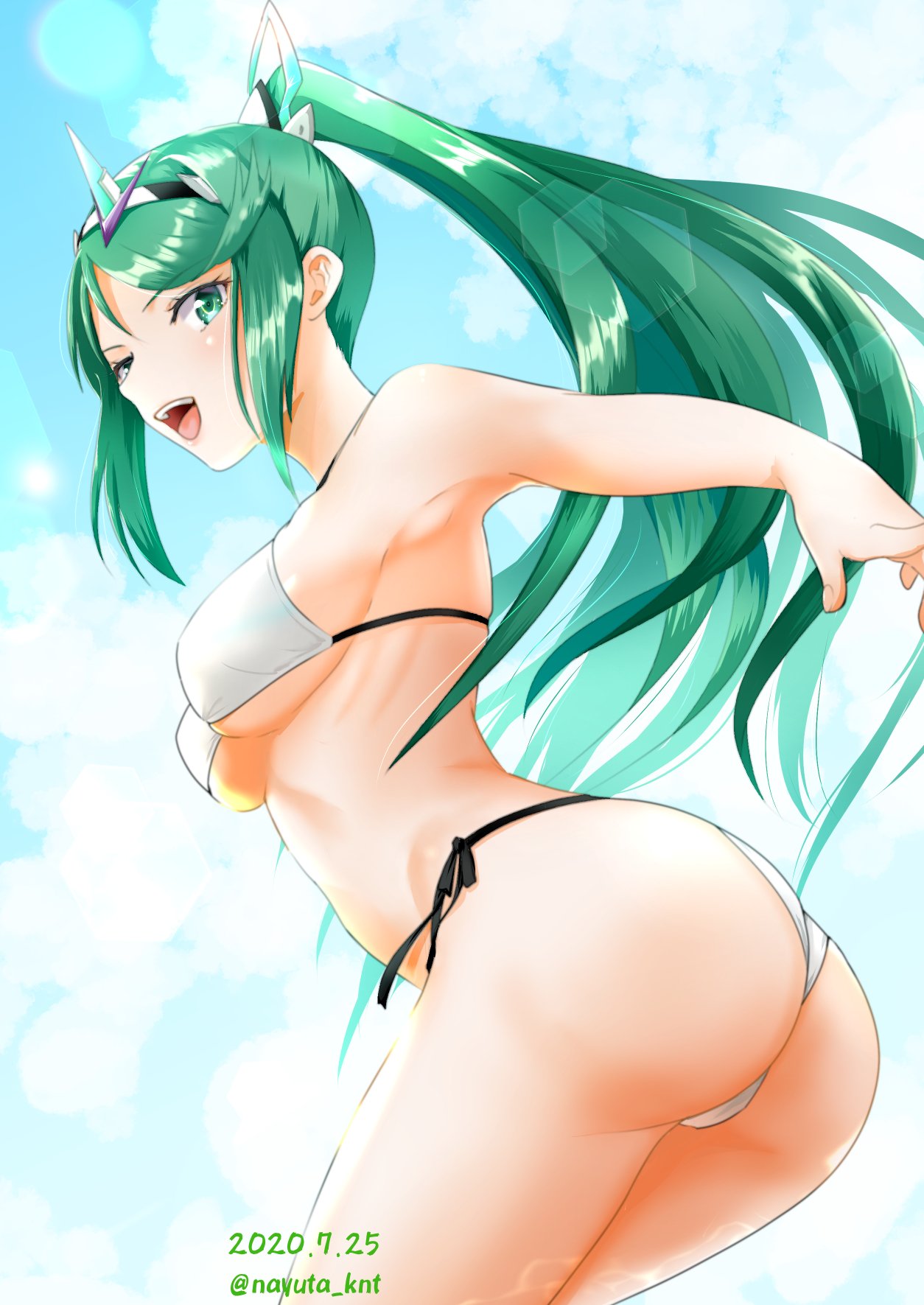 1girls :d alternate_costume ass bangs bikini breasts chest_jewel cleavage clouds core_crystal cowboy_shot day female green_eyes green_hair high_ponytail highres horn horn_headband large_breasts long_hair looking_at_viewer looking_down midriff navel nayuta-kanata nayuta-knt nintendo open_mouth outdoors outside pneuma_(xenoblade) ponytail side-tie_bikini side-tie_swimsuit sideboob sky smile solo splashing strapless strapless_bikini swept_bangs swimsuit thigh_strap tiara water white_bikini white_swimsuit xenoblade_(series) xenoblade_chronicles_2