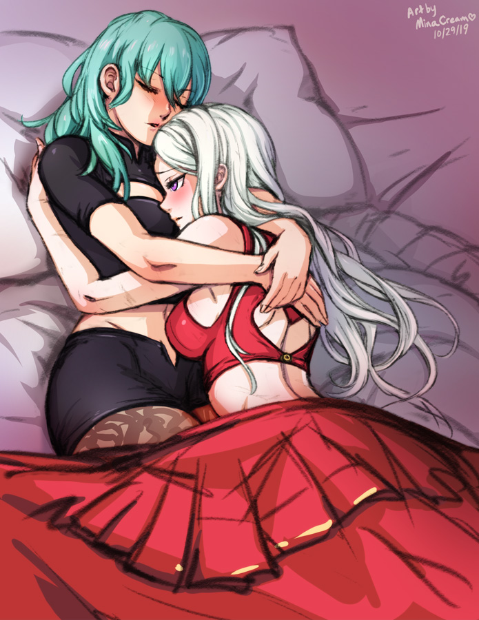 2girls, big breasts, blush, bra, breast smother, breasts, byleth (fire emblem), byleth (fire emblem) (female), cape, cleavage, cleavage cutout, convenient censoring, cuddling, cute, edelgard von hresvelg, female, female only, fire emblem, fire emblem: three houses, green hair, head on breasts, large breasts, minacream, nintendo, thighs, wholesome, yuri