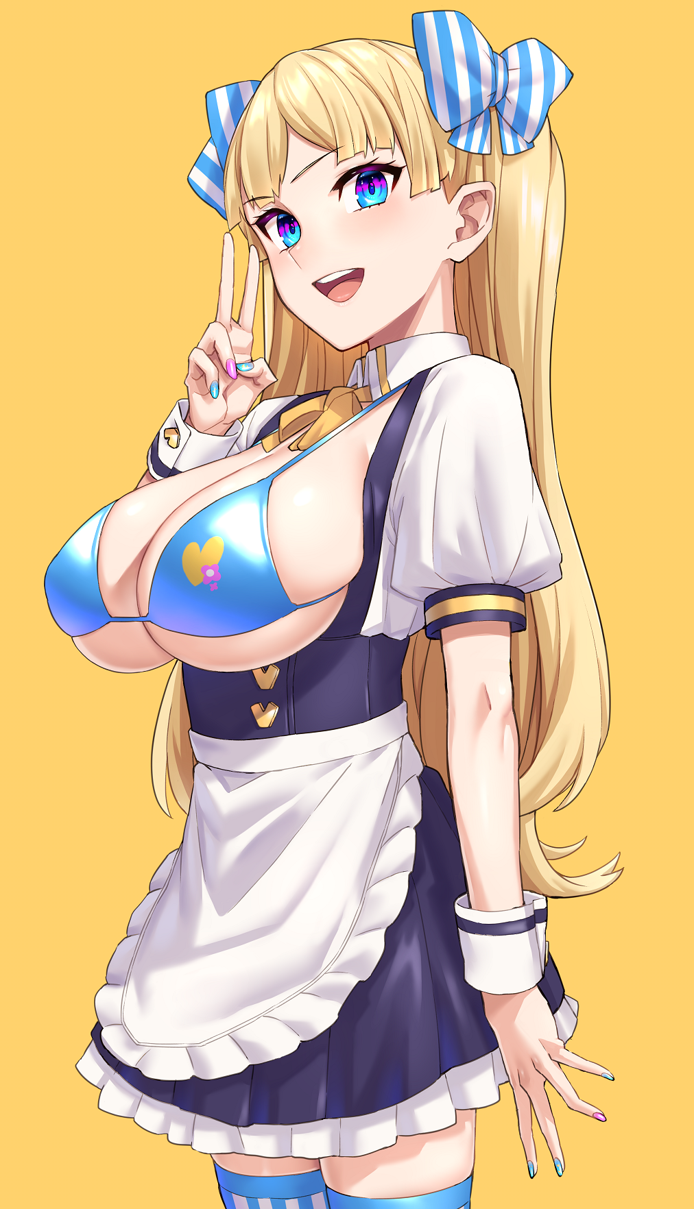 1girls apron bangs big_breasts bikini bikini_top blonde_hair blue_bikini blue_eyes blue_nails bow breasts cleavage cowboy_shot eyebrows_visible_through_hair female_only hairbow highres large_breasts light-skinned_female light_skin lina_bell_roll_(michihasu) long_hair looking_at_viewer michihasu nail_polish neck_ribbon open_mouth orange_background original original_character pink_nails puffy_short_sleeves puffy_sleeves ribbon short_sleeves simple_background smile solo solo_female standing striped striped_bow swimsuit teeth thighhighs twintails v_sign waist_apron white_apron wrist_cuffs yellow_ribbon