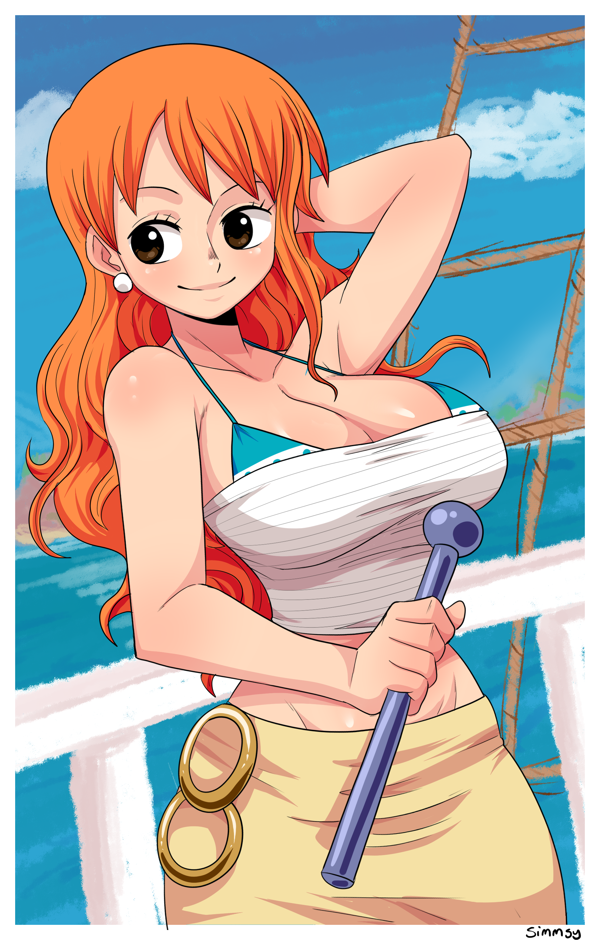 1girls, big breasts, breasts, cleavage, clima-tact, female, female only, large breasts, nami (one piece), one piece, orange hair, orange-haired female, shounen jump, simmsy, solo