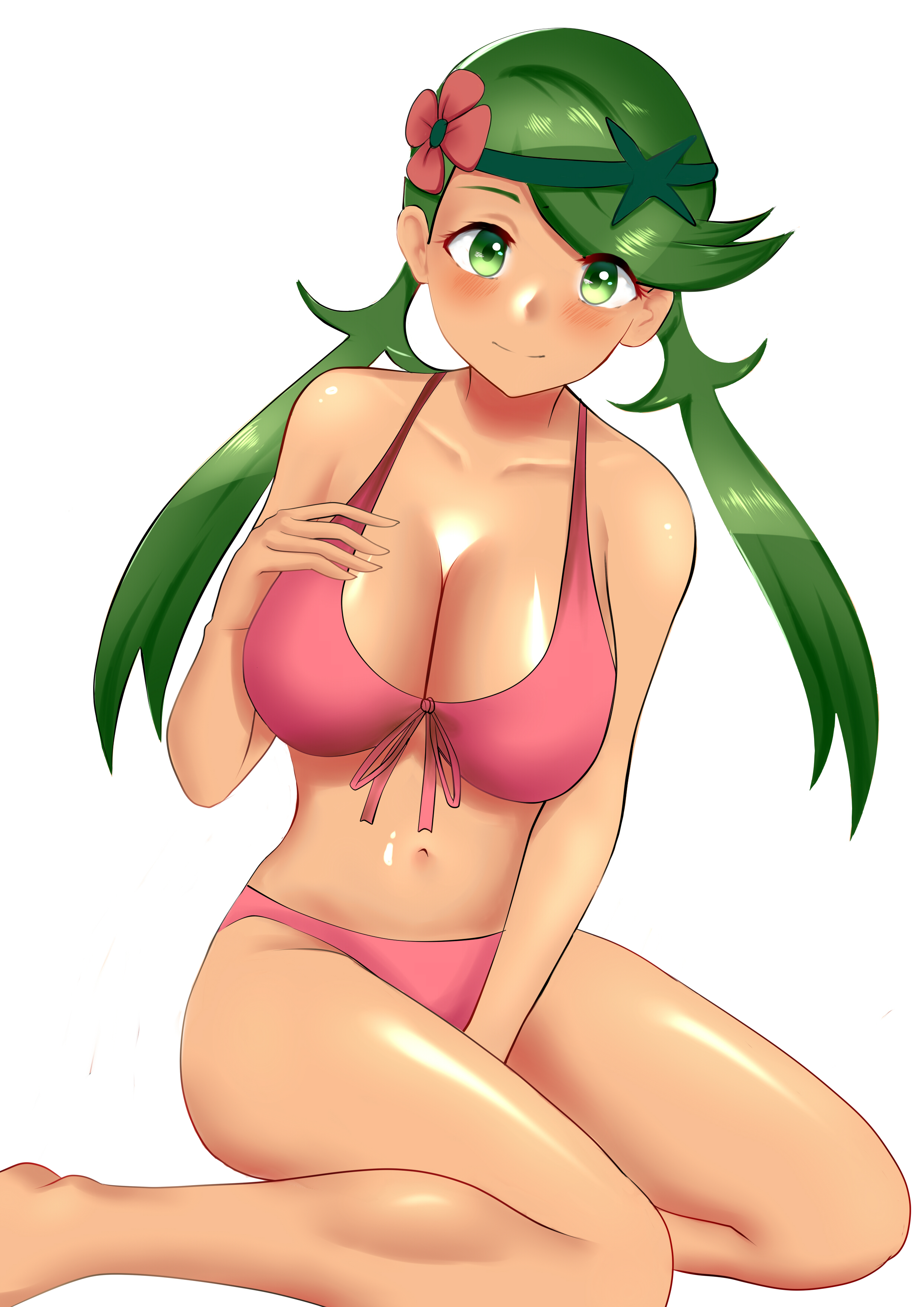 big breasts, bikini, blush, breasts, dark skin, dark-skinned female, eye contact, female, green eyes, green hair, large breasts, lok182, looking at viewer, mallow (pokemon), nintendo, pokemon, pokemon sm, shiny skin, sitting, smile, solo, thighs, twintails, white background