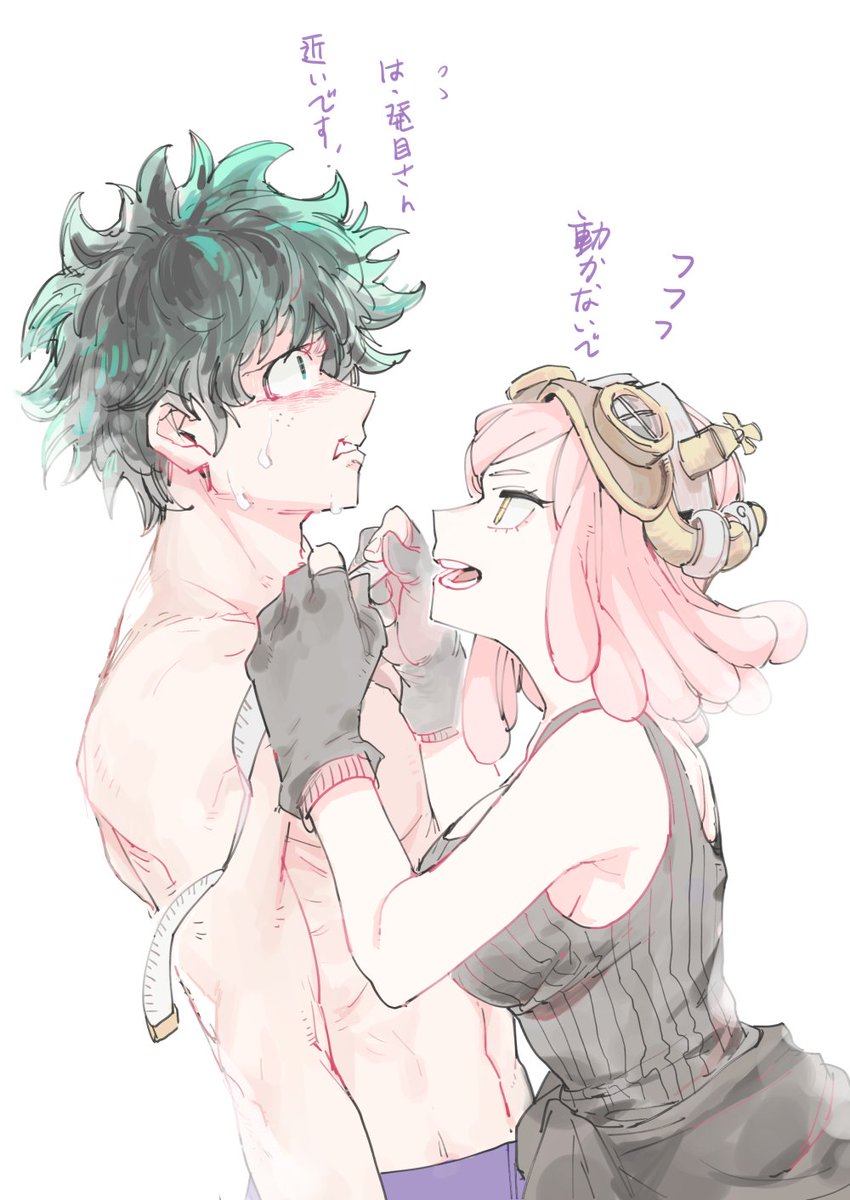 fingerless gloves, flustered, gloves, goggles, goggles on head, green eyes, green hair, izuku midoriya, looking away, male, measuring, mei hatsume, my hero academia, pink hair, sweating, tank top, tape measure, topless male, translation request, yuunazhang