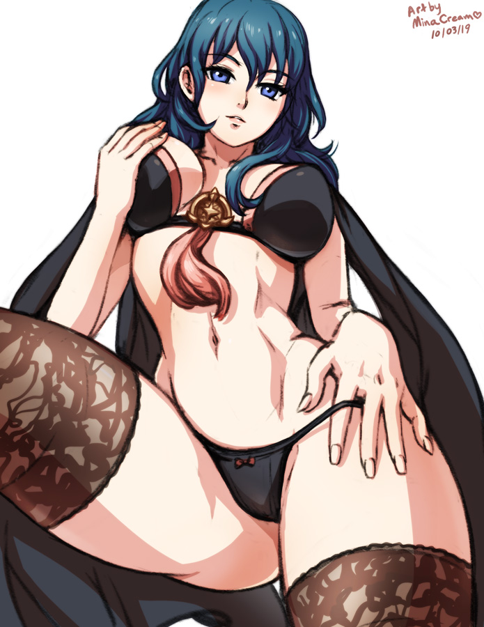1girls, abs, artist name, big breasts, big thighs, black panties, black underwear, blue hair, bra, breasts, byleth (fire emblem), byleth (fire emblem) (female), female, female only, fire emblem, fire emblem: three houses, fondling breast, from below, grabbing own breast, hair, half naked, leggings, legwear, looking at viewer, looking down, minacream, navel, nintendo, panties, signature, simple background, solo, thighhighs, thong, touching breast, underwear