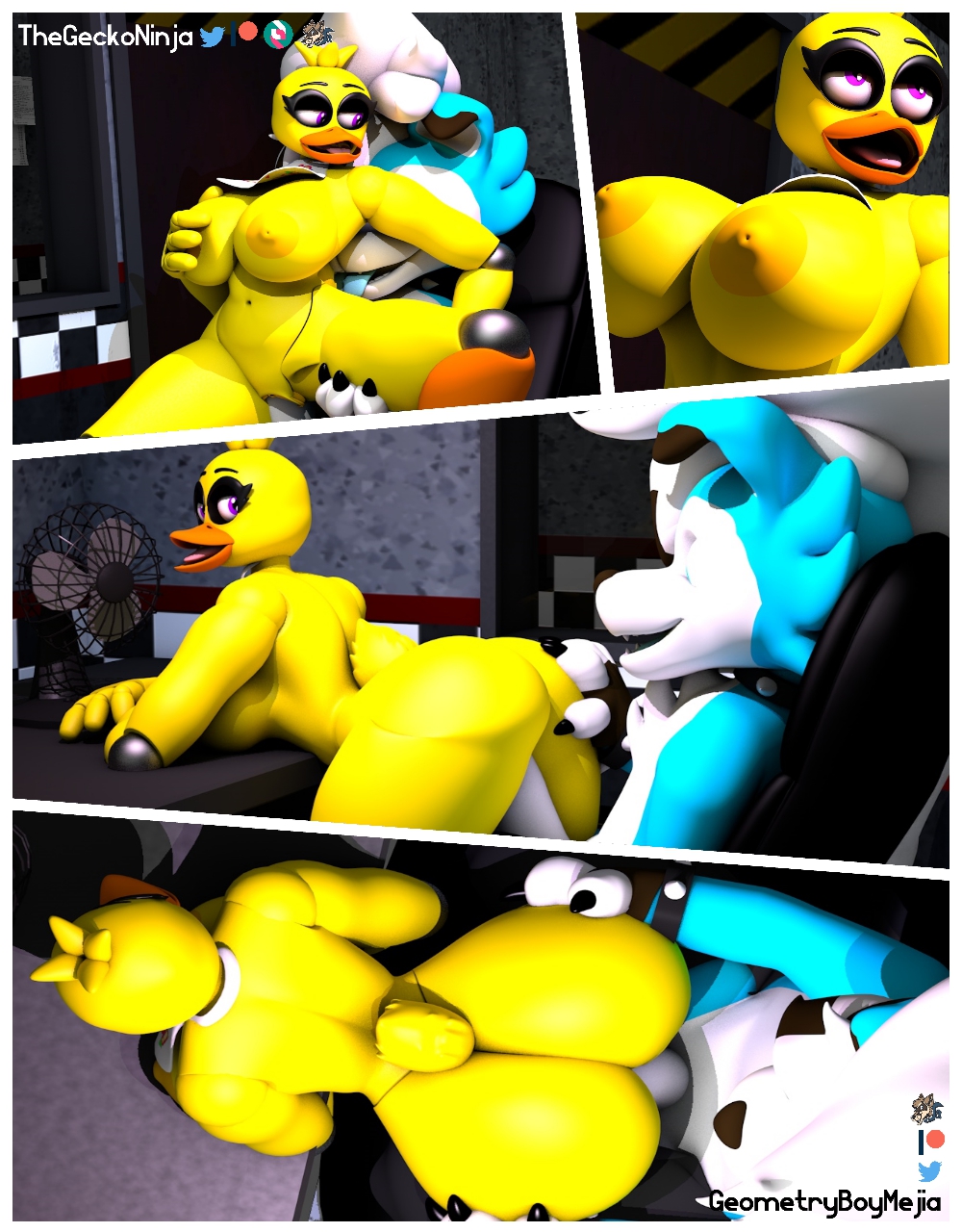 3d animatronic ass avian bib bird breasts butt_grab chica_(fnaf) chicken comic duo eyeshadow female five_nights_at_freddy's galliform gallus_(genus) geometryboymejia hand_on_butt hi_res machine makeup male phasianid robot thegeckoninja video_games