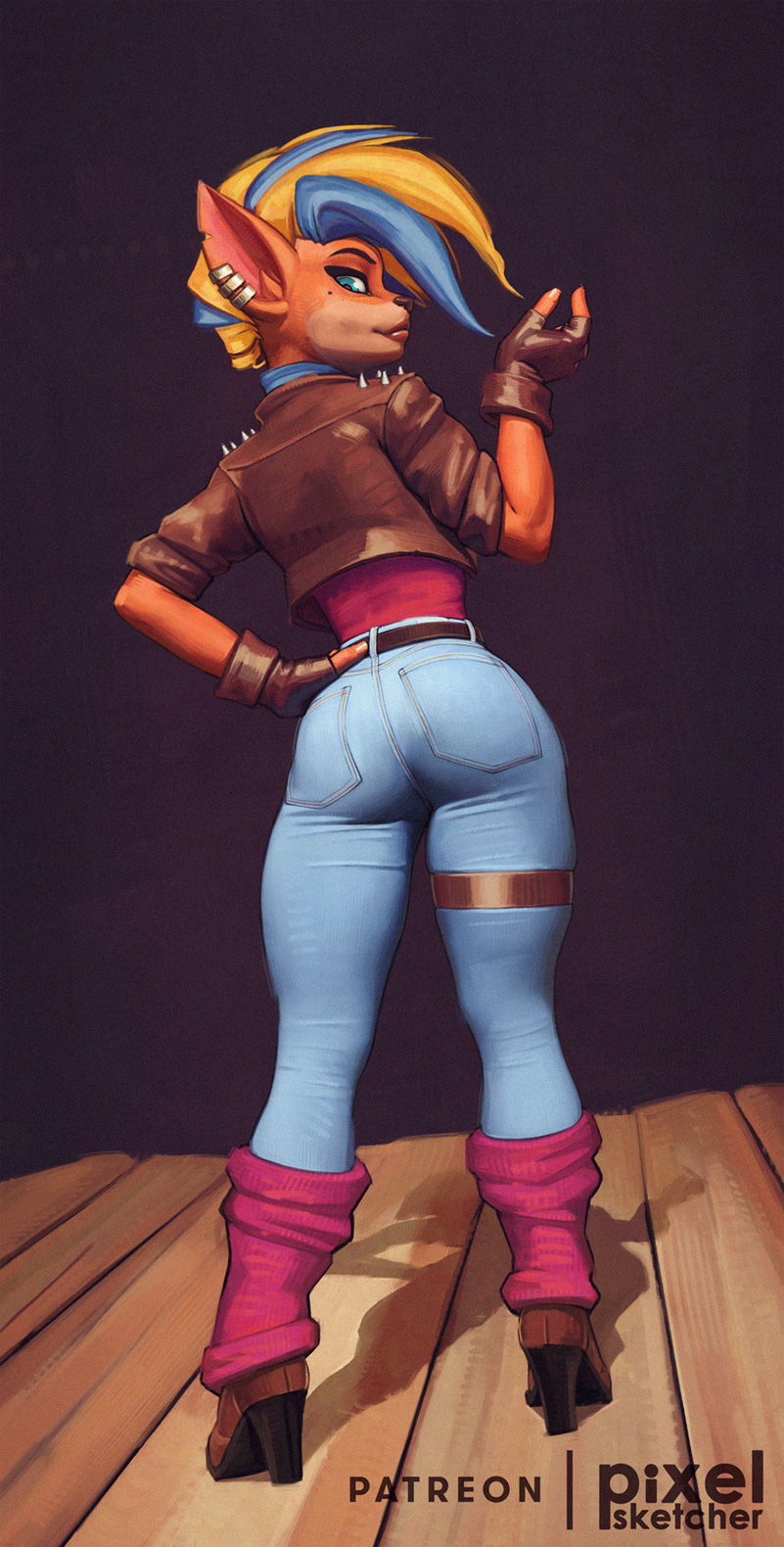 1girls, activision, anthro, ass, blue eyes, blue hair, brown gloves, crash (series), crash bandicoot 4: it's about time, denim, earrings, female, female only, fingerless gloves, gloves, high heel boots, jeans, leather gloves, leather jacket, looking at viewer, looking back, multicolored hair, pants, pirate tawna, pixelsketcher, solo, solo female, tawna bandicoot, tawna bandicoot (crash 4), thick thighs, thighs, tight jeans, tight pants, yellow hair