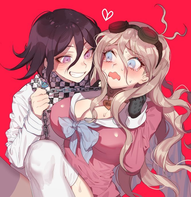 1boy 1boy1girl 1girls big_breasts blonde_hair blue_eyes blush chains cleavage collar danganronpa danganronpa_v3 embarrassed heart iruma_miu kokichi_ouma leash_pull long_hair looking_at_another looking_at_breasts new_danganronpa_v3 ouma_kokichi purple_eyes purple_hair red_background shocked straight_hair sweat tears worried zuizi