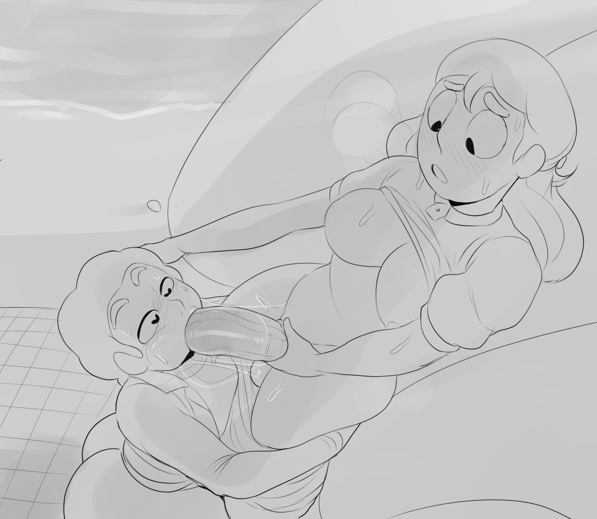 1boy, 1futa, ass, beach, big ass, black hair, blowjob, blush, breasts, breasts out, canon couple, connie maheswaran, dark skin, dark-skinned futa, detnox, dickgirl, fellatio, femboy, futa on femboy, futa on male, futadom, futanari, grabbing, hand on ass, hands on ass, head grab, high resolution, intersex, long hair, looking at another, looking at penis, looking down, male, male sucking futa, malesub, monochrome, no panties, pants down, penis, public, saliva, short hair, standing, steven quartz universe, steven universe, straight hair, sweat, thighhighs