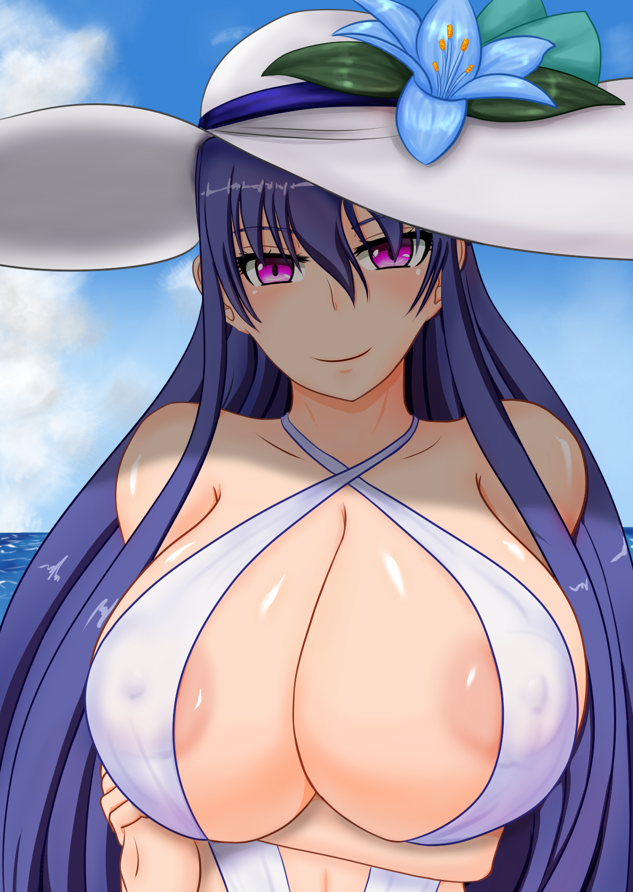 akiyama rinko, areolae, beach, bikini, blue hair, breasts, cleavage, curvy, female, hat, huge breasts, long hair, looking at viewer, outdoors, pink eyes, sling bikini, smile, taimanin (series), taimanin yukikaze, thick thighs
