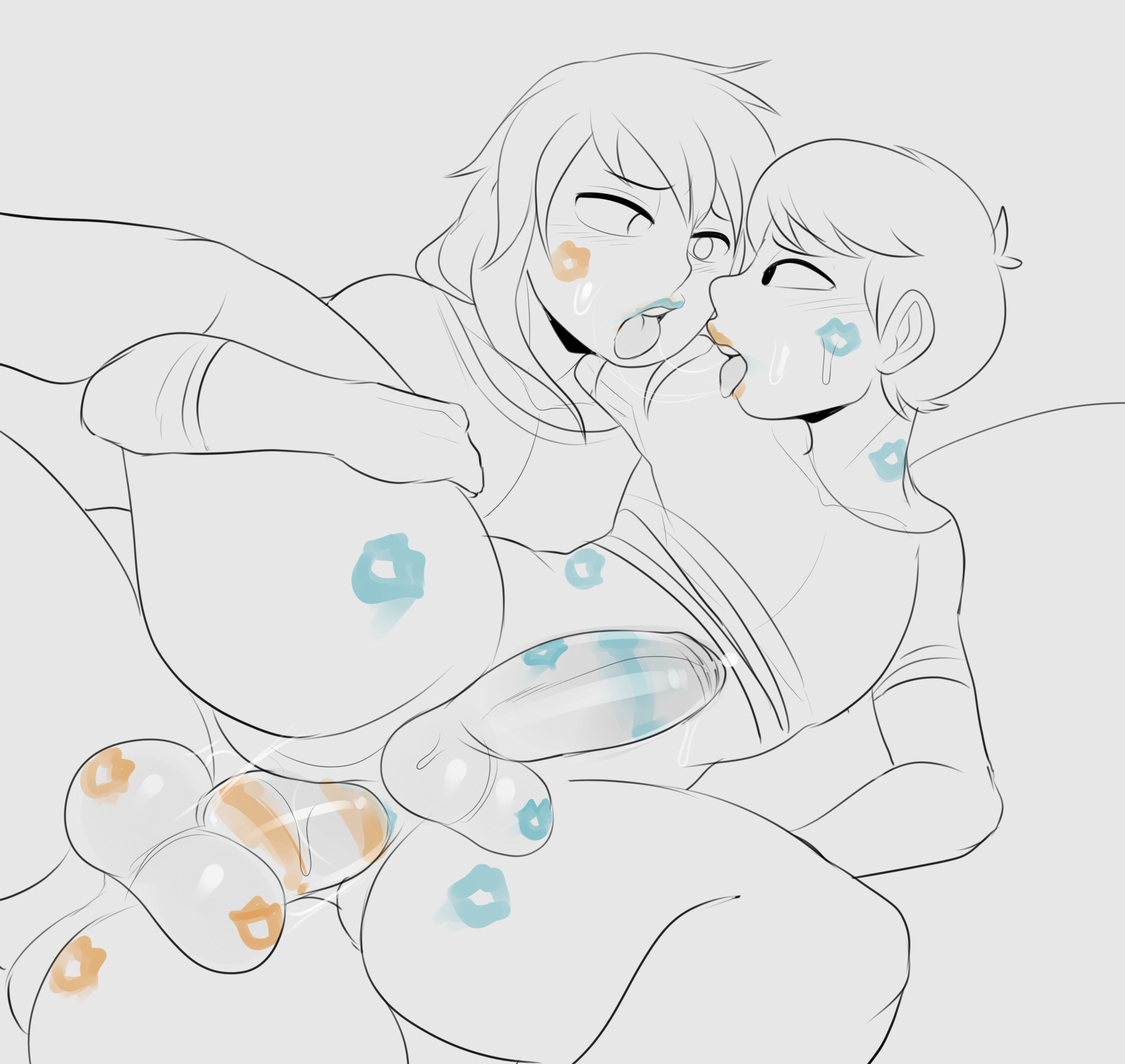 2boys, anal, anal sex, anus, ass, bad source, balls, big ass, big penis, blue lipstick, detnox, eye contact, femboy, girly, grabbing, hand on leg, hands-free, head grab, lipstick, lipstick mark, lipstick on anus, lipstick on ass, lipstick on balls, lipstick on penis, lipstick ring, male, medium hair, monochrome, muscular, muscular thighs, no panties, oc, orange lipstick, original, original character, partially clothed, penis, precum, saliva, short hair, tongue, tongue out, yaoi