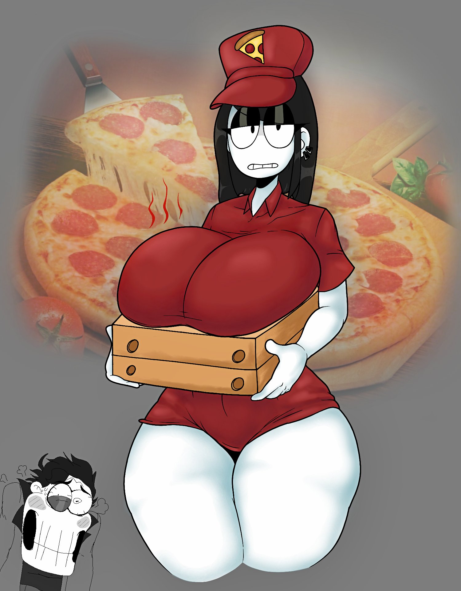 annoyed, big breasts, black hair, breasts, clothed, clothing, ear piercing, eyelashes, eyeshadow, female, hat, huge breasts, large breasts, looking at viewer, original, original character, pizza, pizza box, pizza delivery, shorts, theimmortalguy, thick, thick thighs, thighs, veronica (saltynoodles), white skin