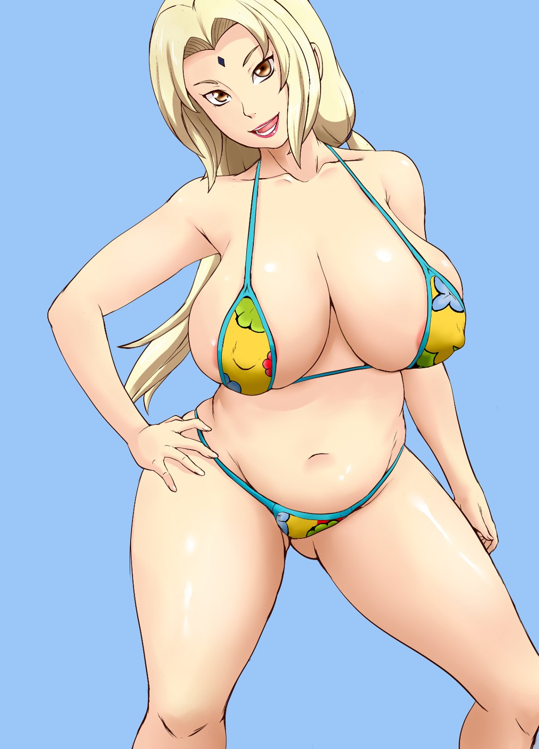 1girls areola_slip areolae bikini blonde_hair breasts brown_eyes cleavage collarbone curvy erect_nipples facial_mark female female_only forehead_mark hand_on_hip highres huge_breasts long_hair looking_at_viewer naruto naruto_(series) navel open_mouth plump slightly_chubby smile solo swimsuit tof tsunade twintails