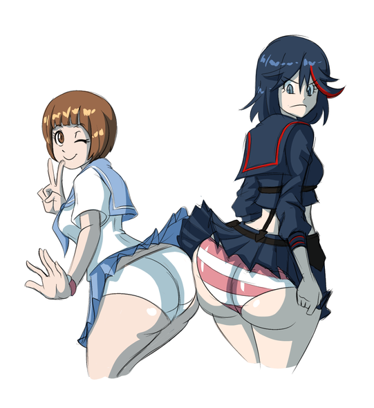 2girls axel-rosered bent_over big_butt bimbo butt butt_focus butt_to_butt cropped cropped_image edit fat_ass female female_focus female_only frown frowning huge_butt kill_la_kill looking_at_viewer mankanshoku_mako matoi_ryuuko one_eye_closed pink_striped_panties presenting presenting_hindquarters senketsu short_skirt tagme take_your_pick taller_female taller_girl teenager thick_butt upskirt v v_sign white_panties wink winking winking_at_viewer