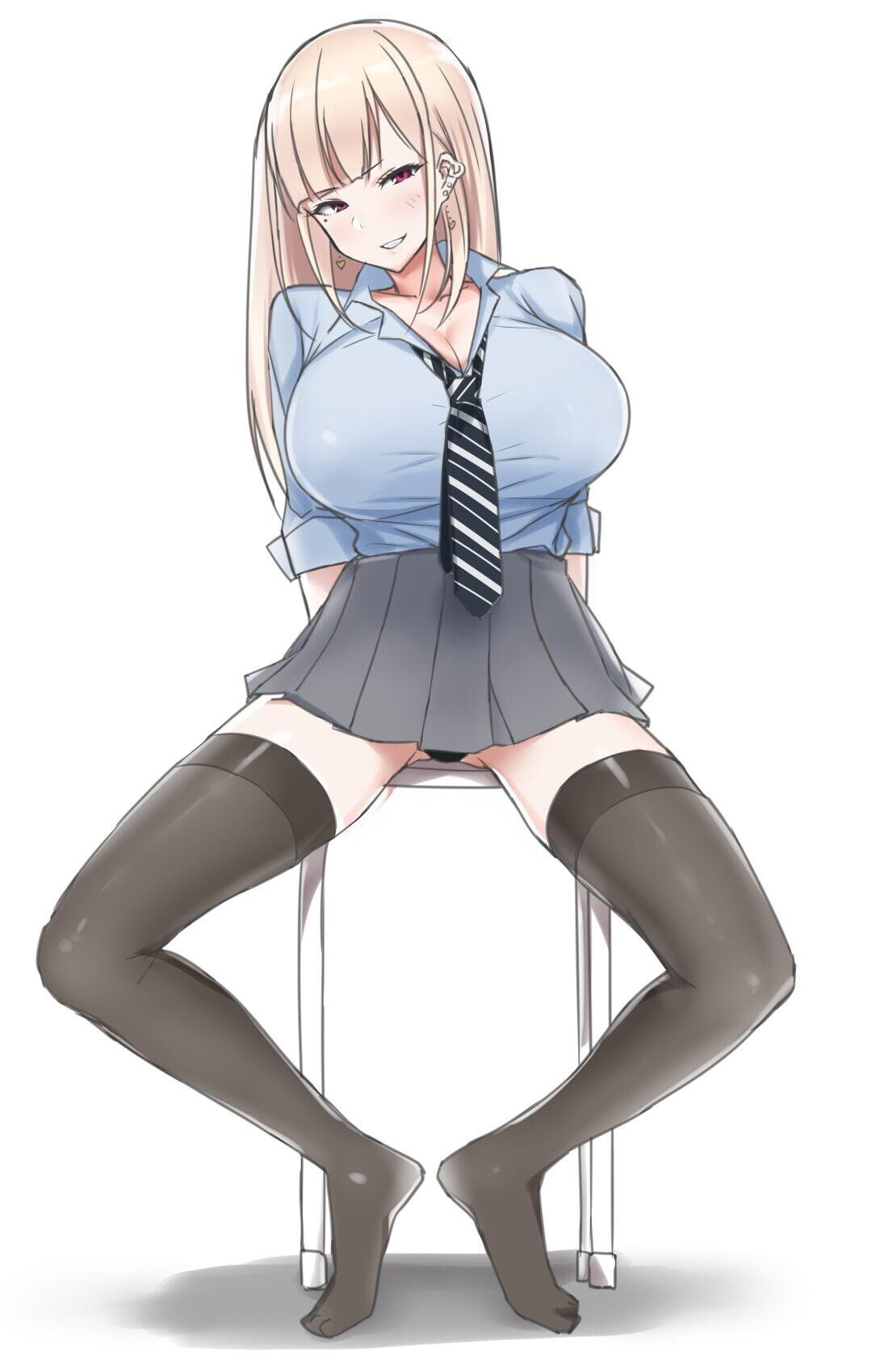 1girls big_breasts black_legwear blonde_hair chair cleavage earrings female_only gyaru highres huge_breasts jewelry legs_apart long_hair nakamura_misaki nanae necktie original original_character panties purple_eyes school_uniform sitting skirt smirk thighhighs